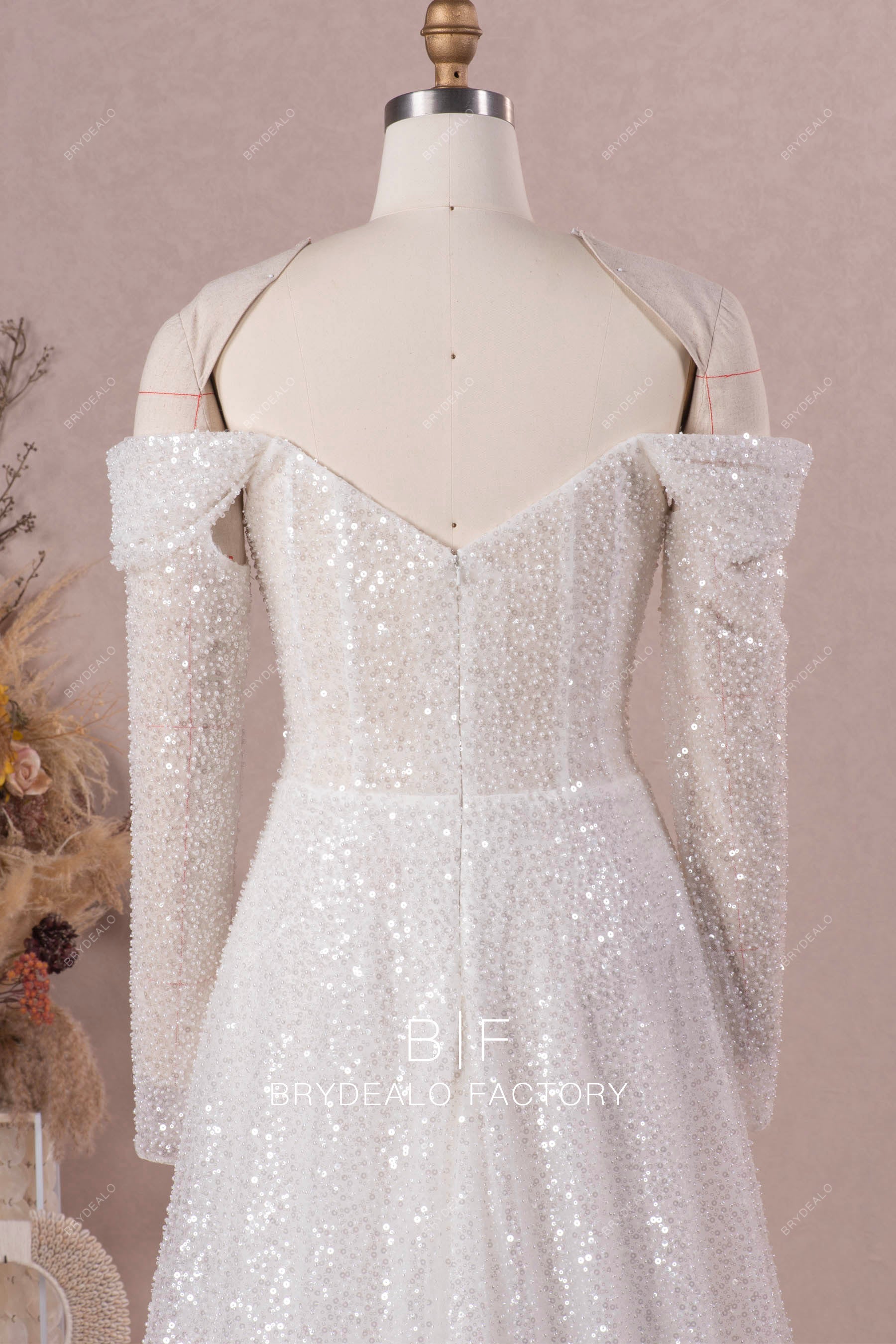 long sleeve open back off shoulder wedding dress