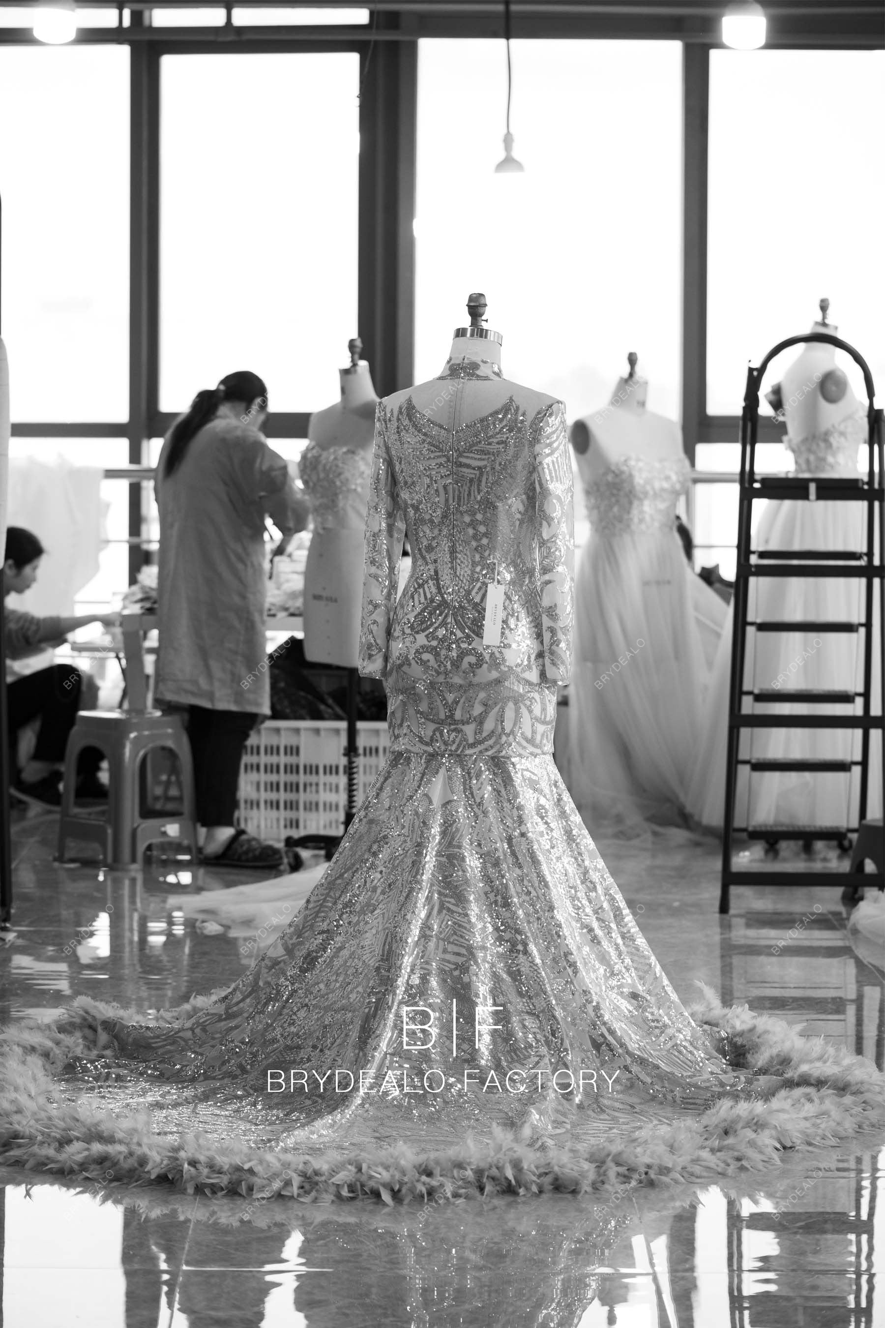 custom long train unique feathers mermaid prom gown