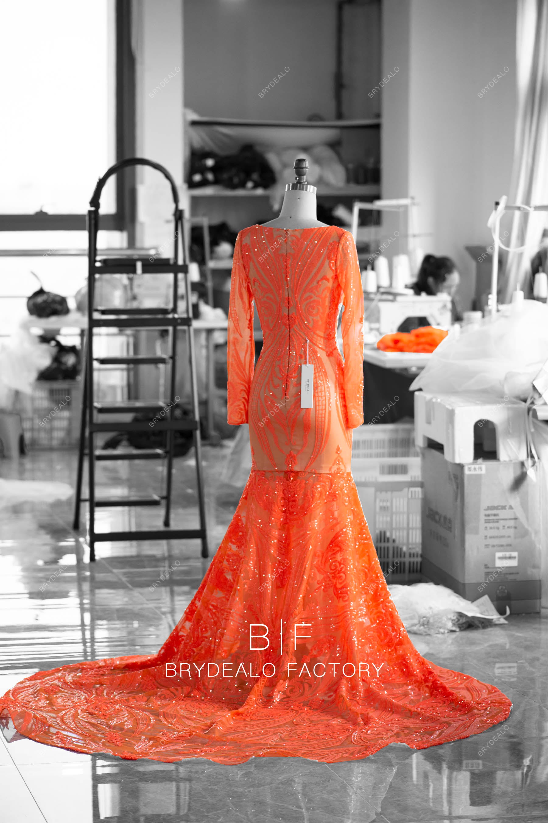 tailored long train trumpet unique sequin prom gown