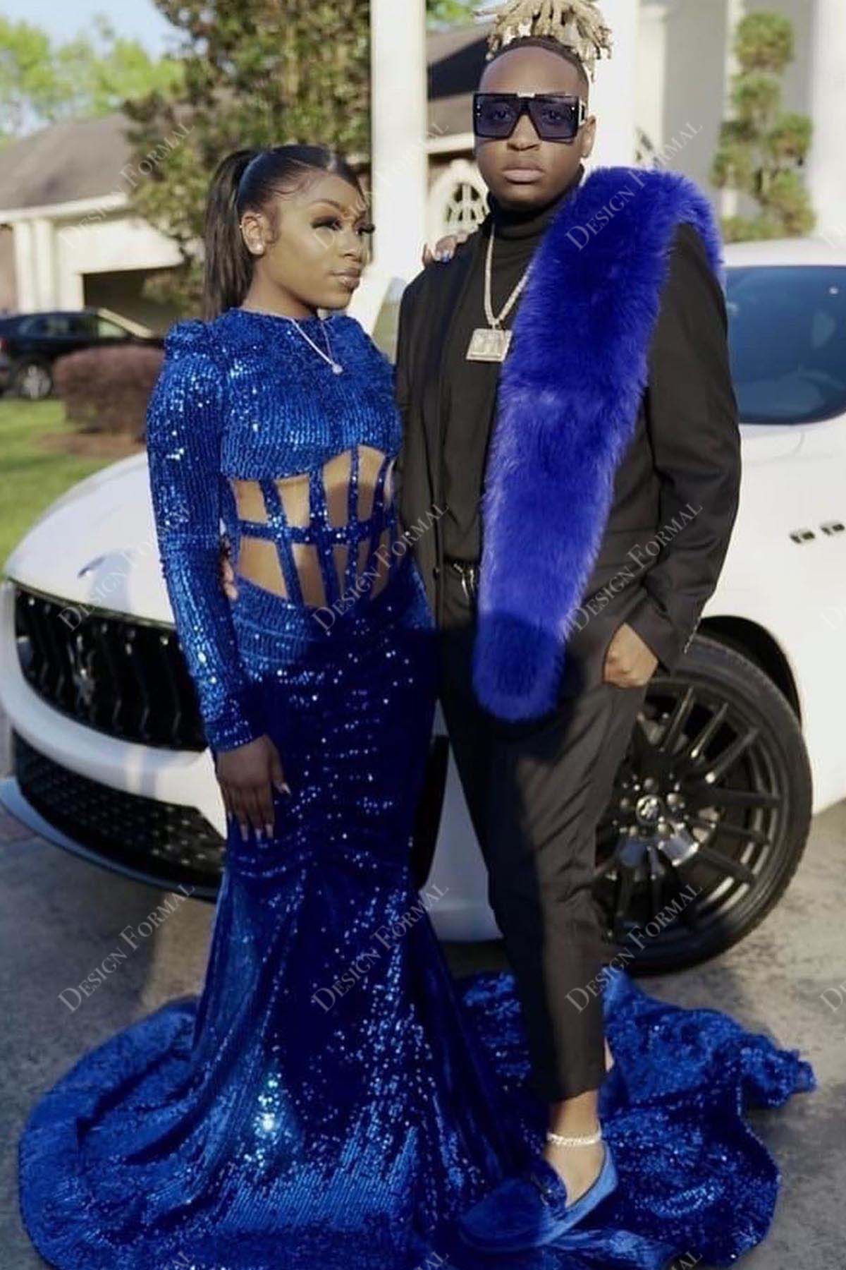 long sleeves royal blue sequin mermaid long train dress