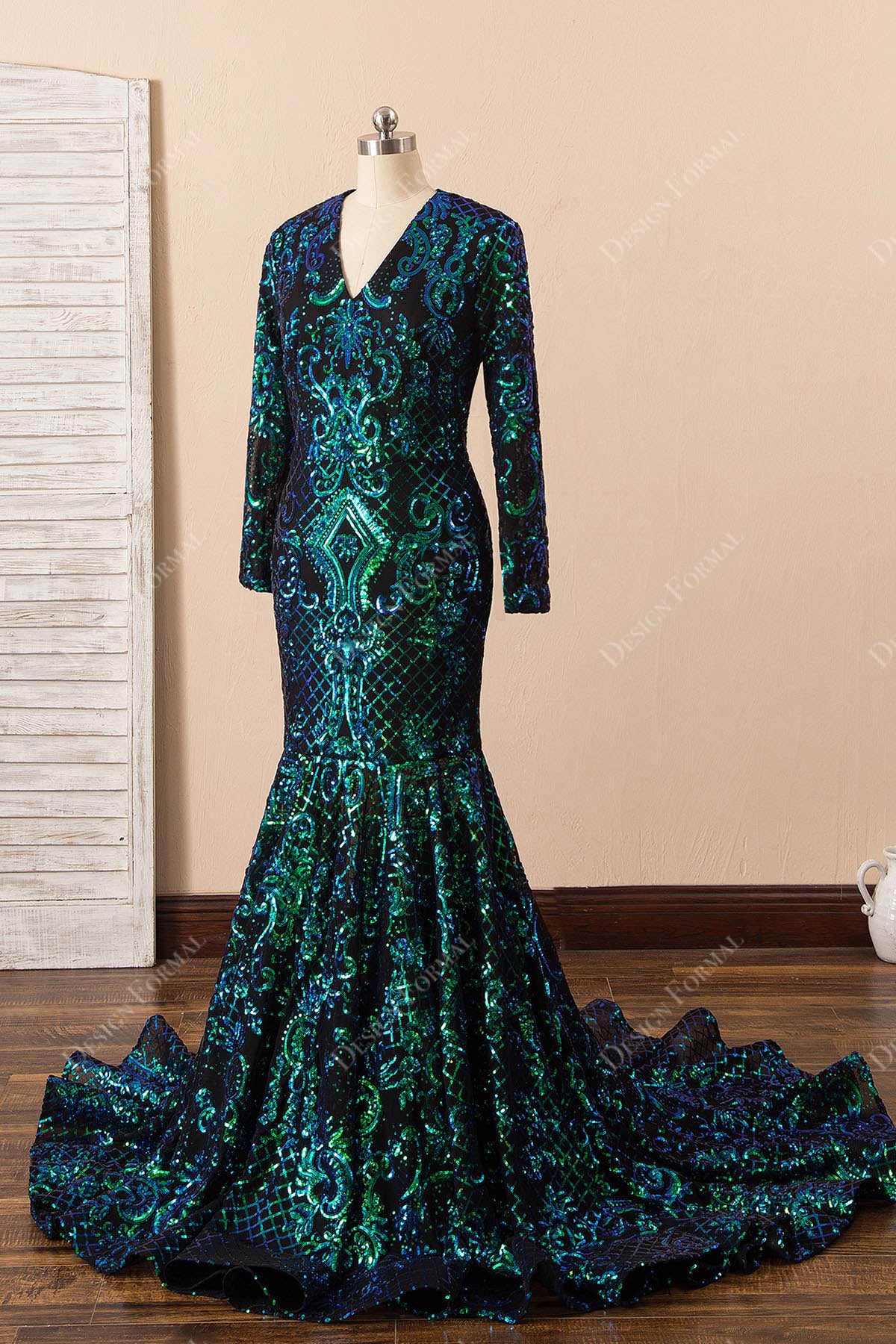 long sleeve ruffled mermaid prom dress