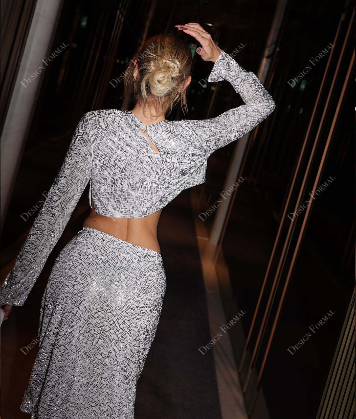 long sleeves two-piece silver sequin prom dress