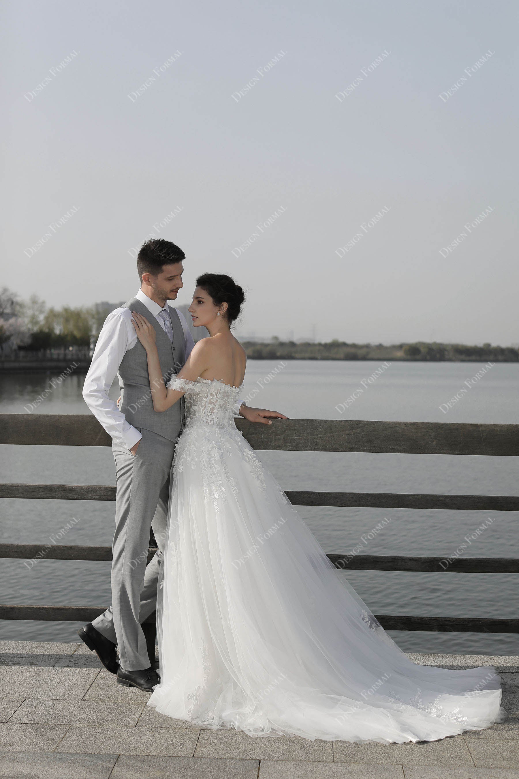 long train beach off shoulder bridal gown