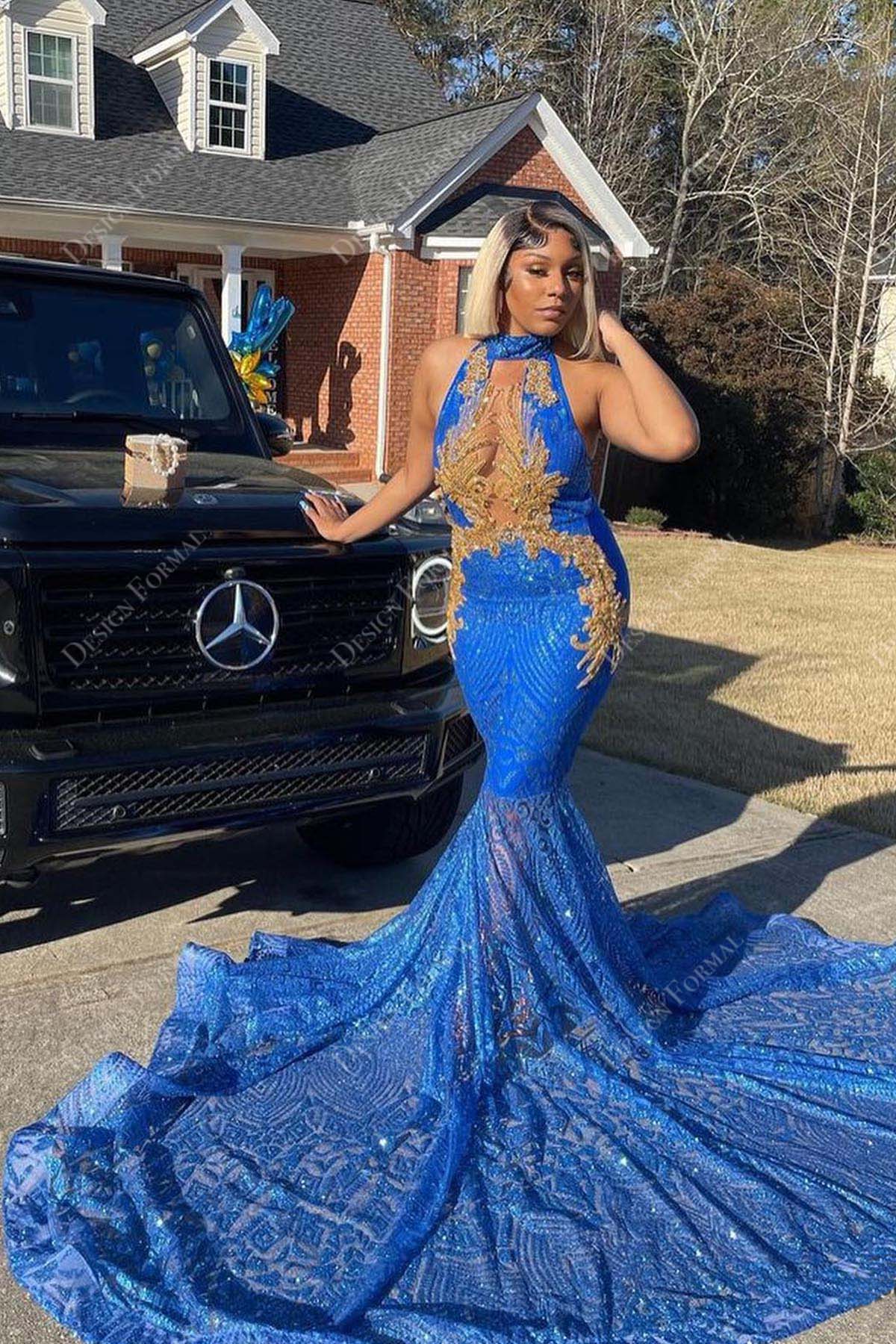 gold appliqued royal blue sequin halter long train mermaid prom dress