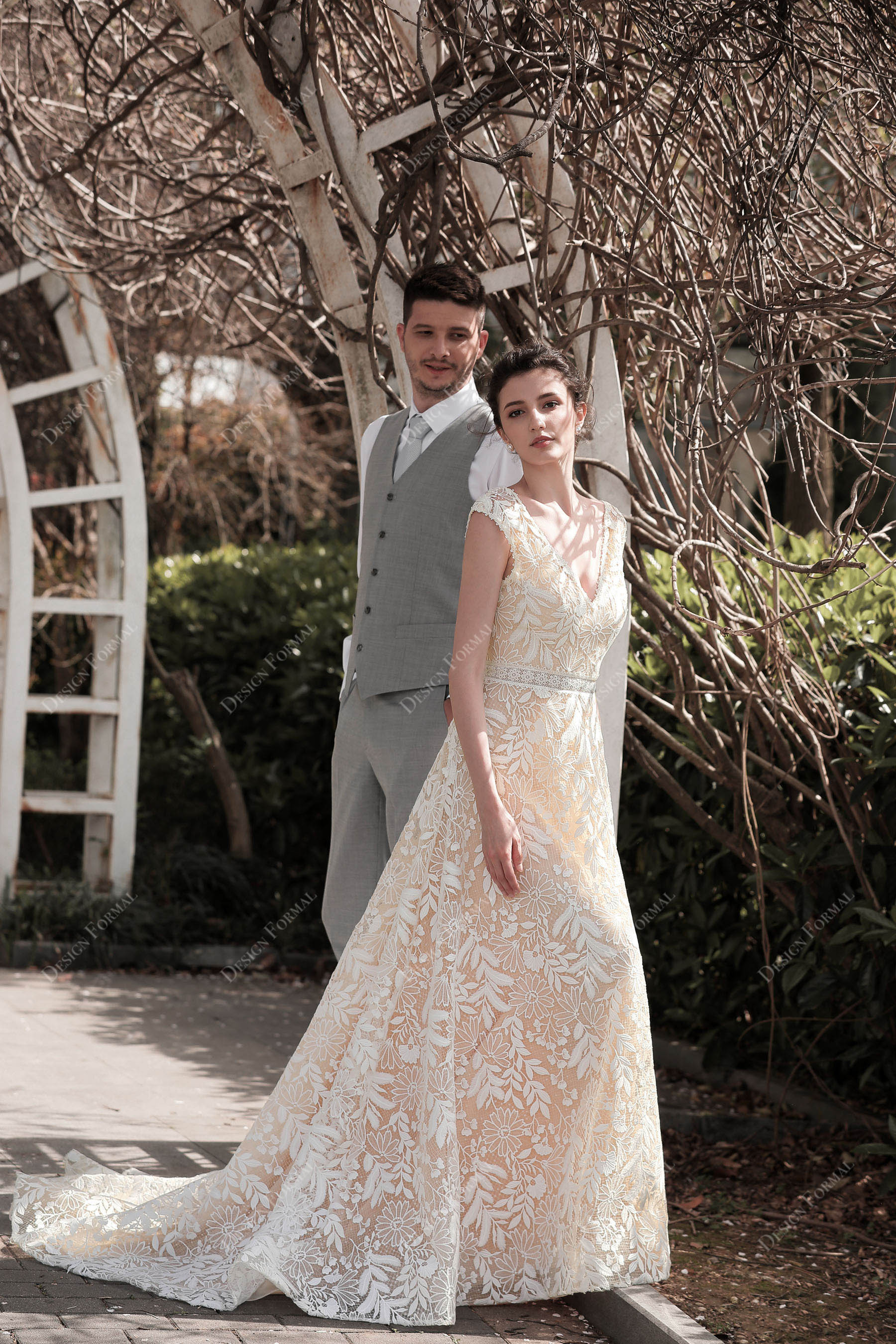 long train outdoor cap sleeves lace bridal dress