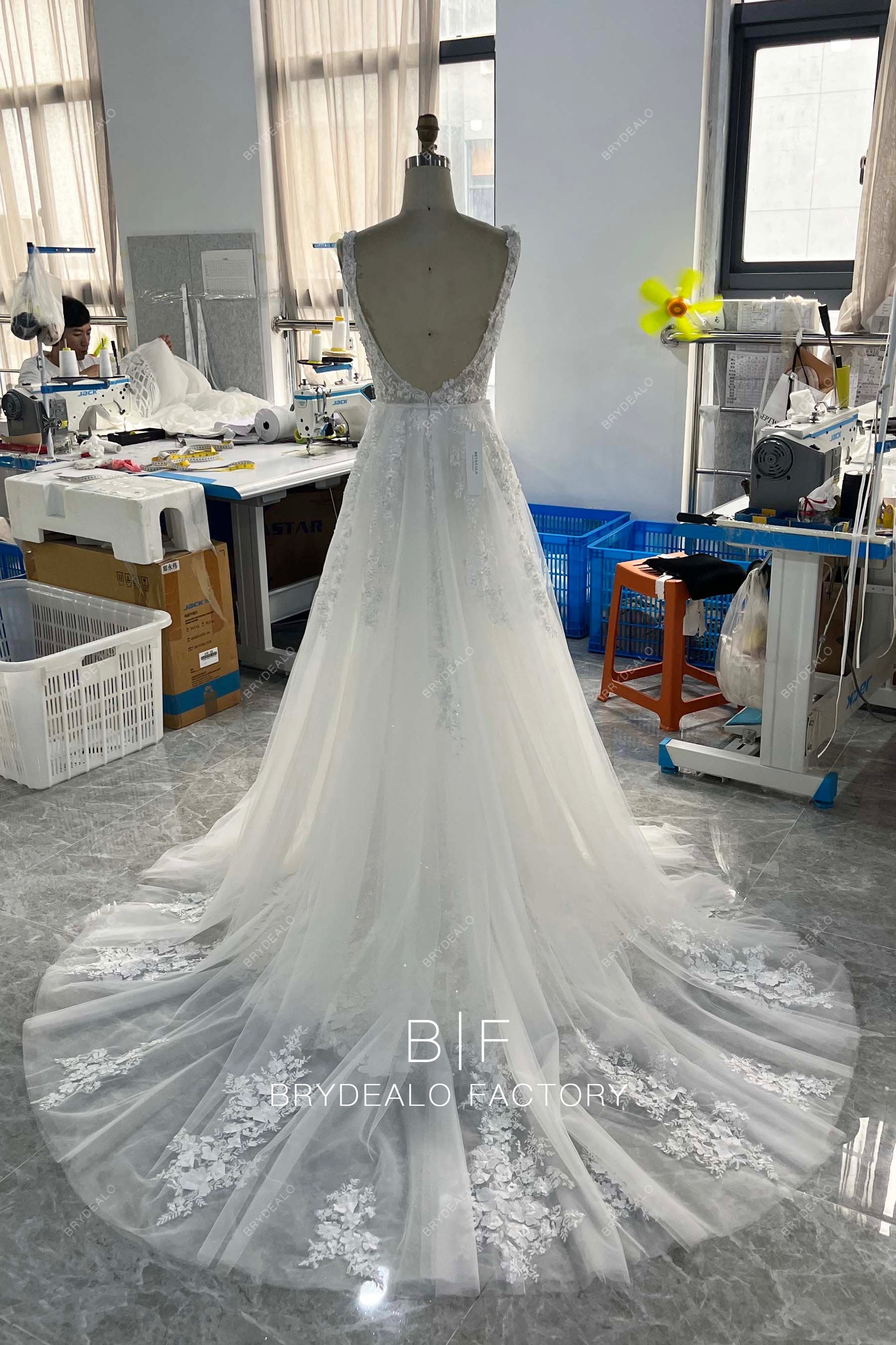 hand-made long train overskirt wedding gown
