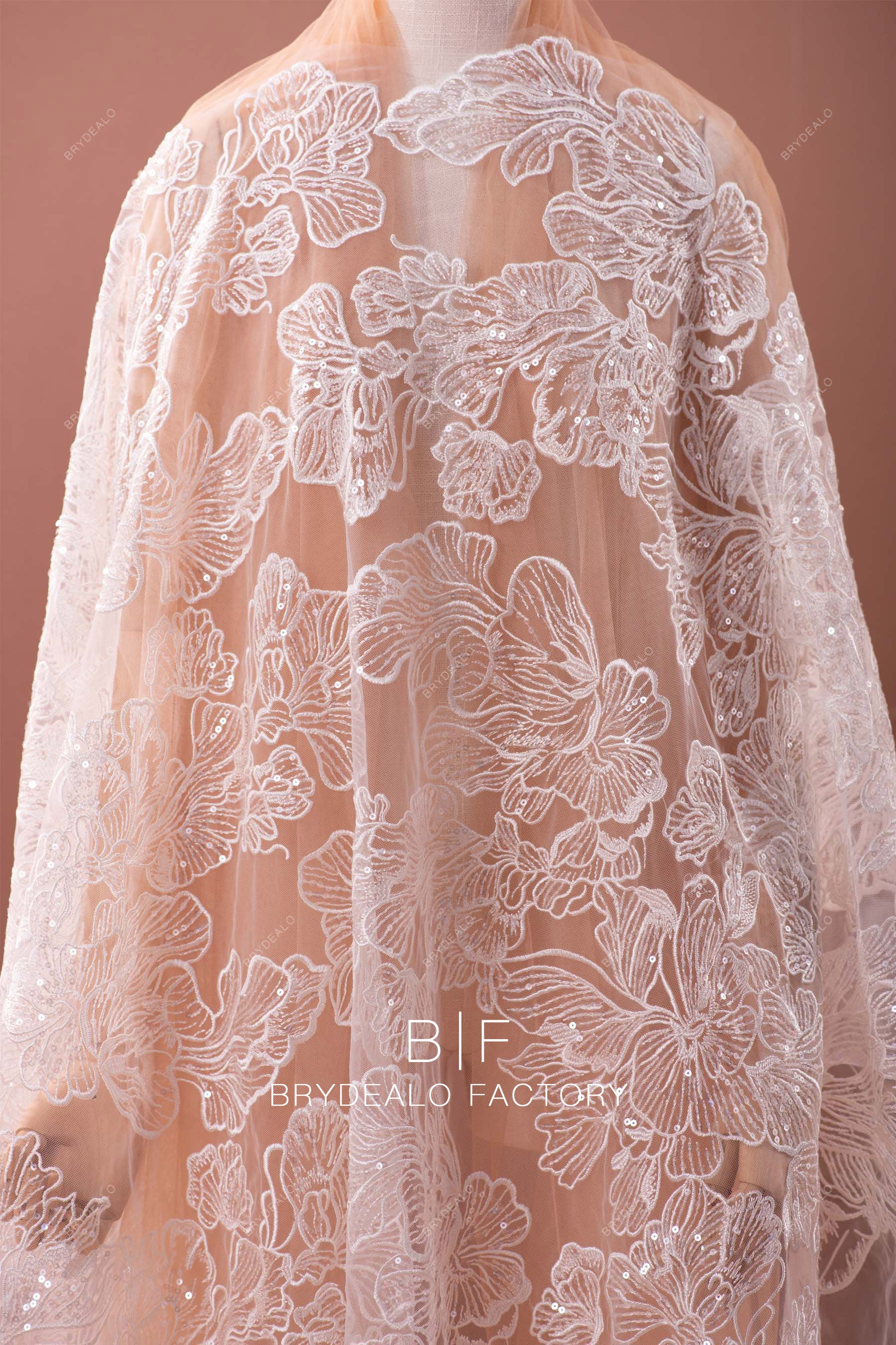 Shimmery Lotus Embroidered Bridal Lace Fabric for Designer Dresses