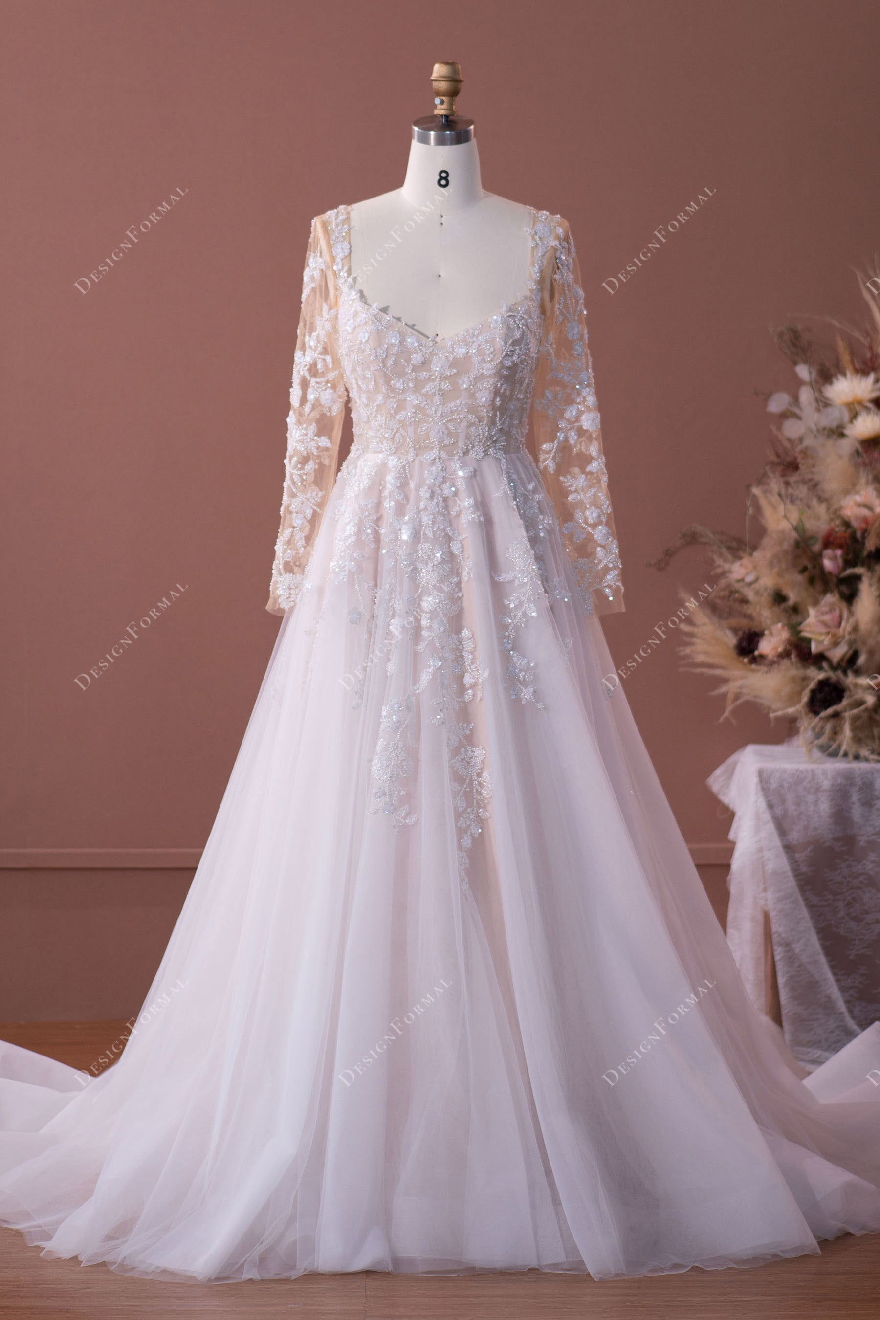Luxurious Illusion Sleeved Lace A-line Nude Pink Bridal Dress, White Luxurious Illusion Sleeved Lace A-line Nude Pink Bridal Dress, White