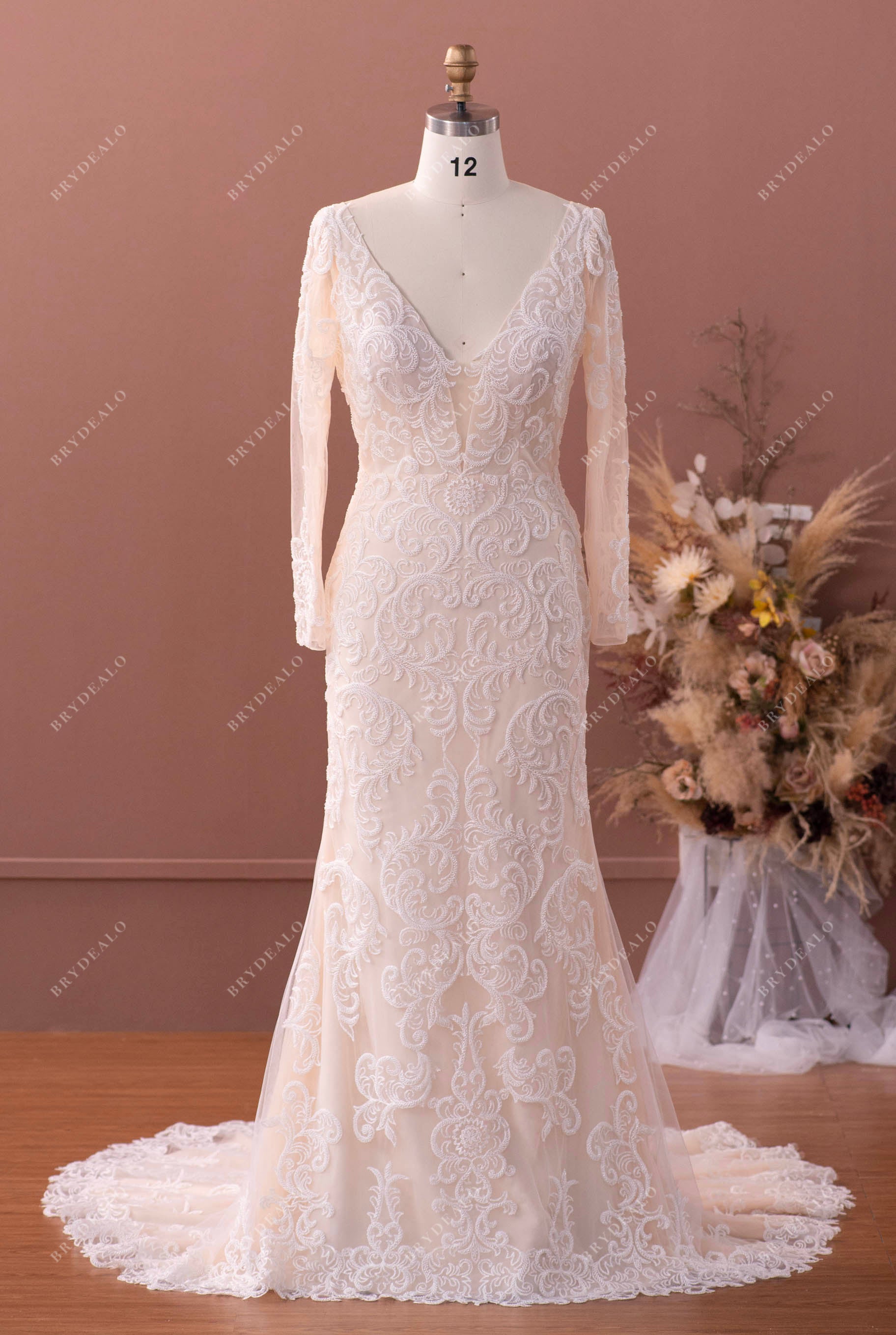 mermaid wedding dress luxury Luxury Beaded Lace Sleeved Trendy Mermaid Champagne Wedding Dress, Light Champagne