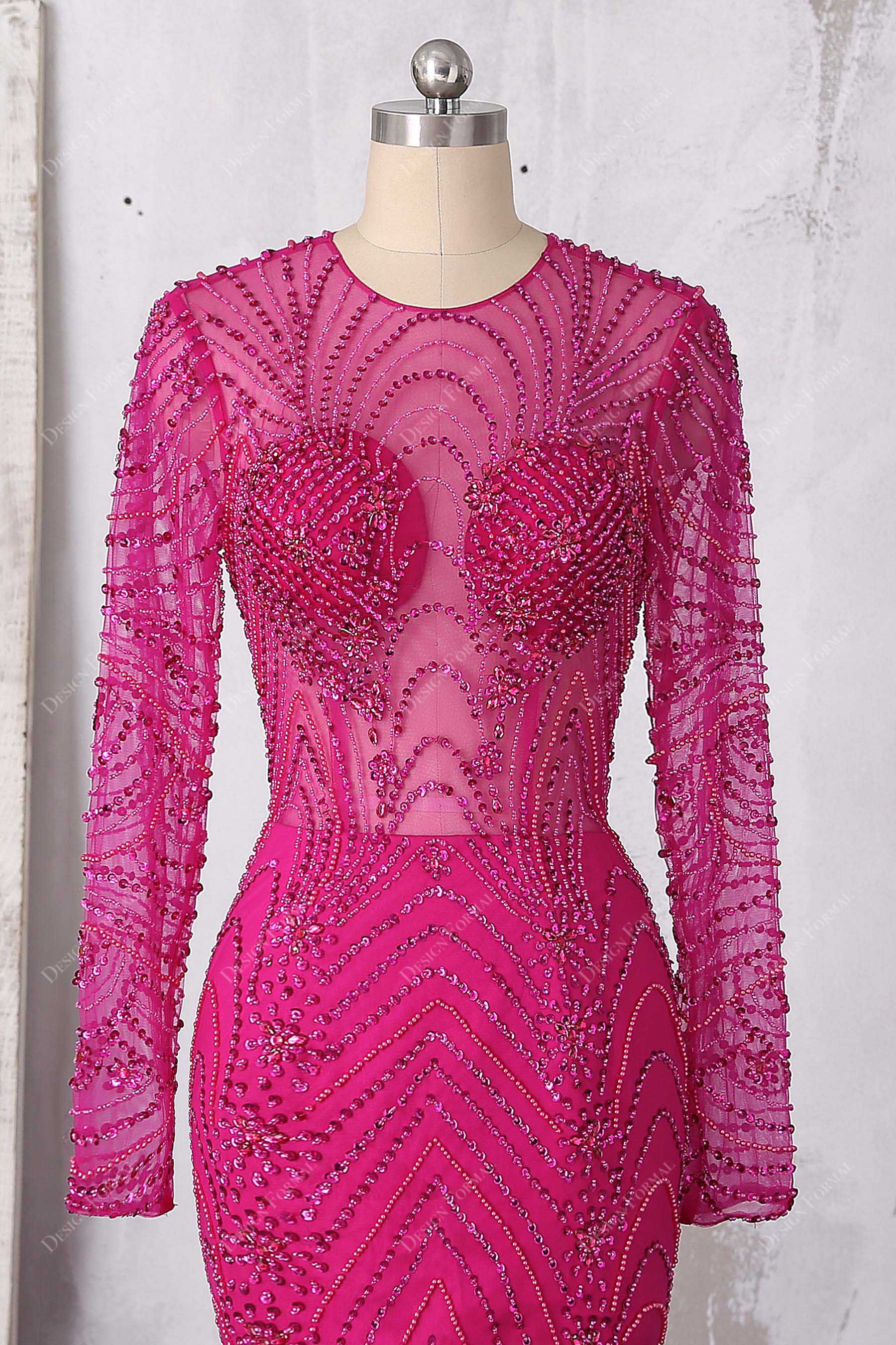 luxury beaded tulle sheer sleeved prom gown