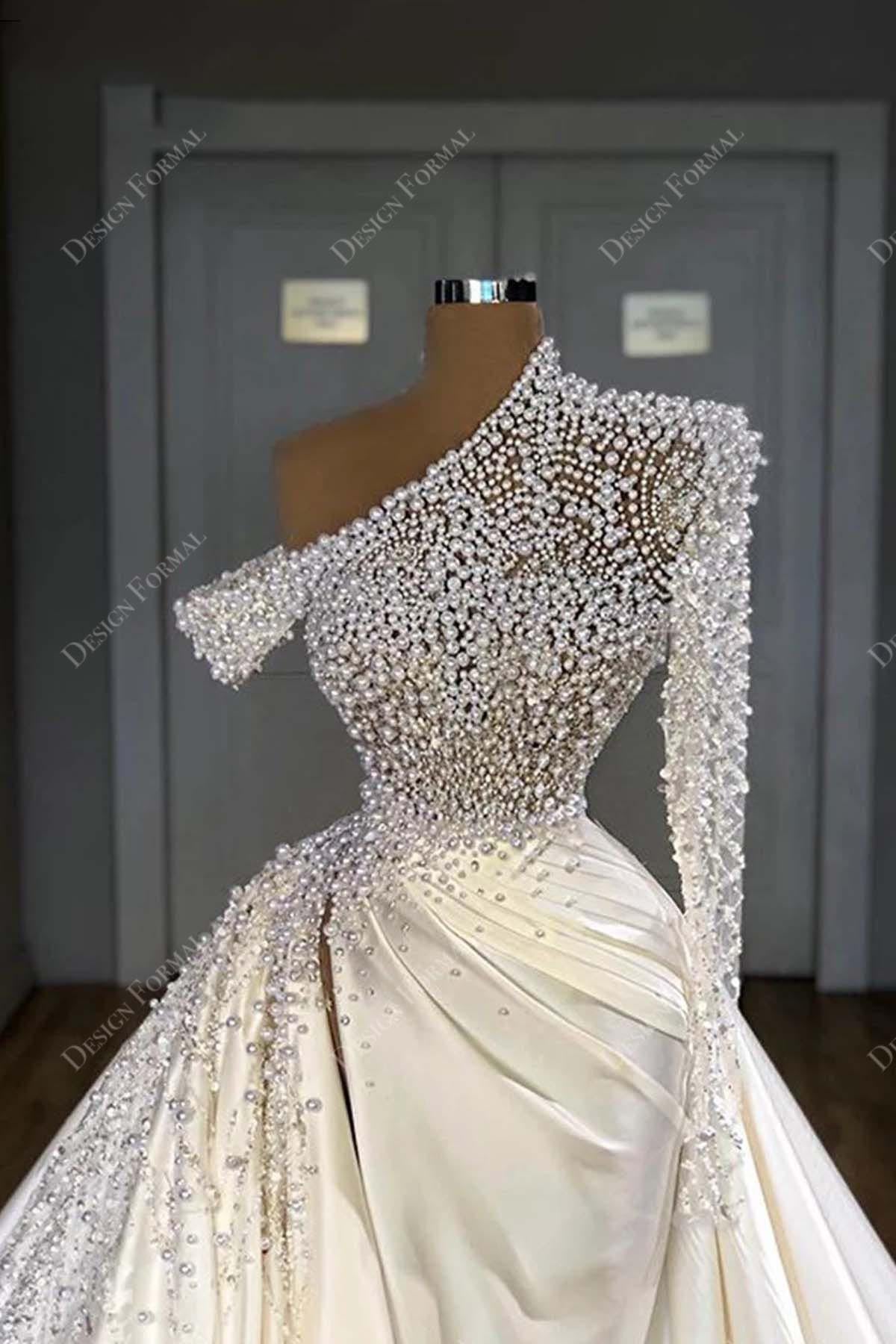 Pearls One Sleeve Unique Wedding Dress