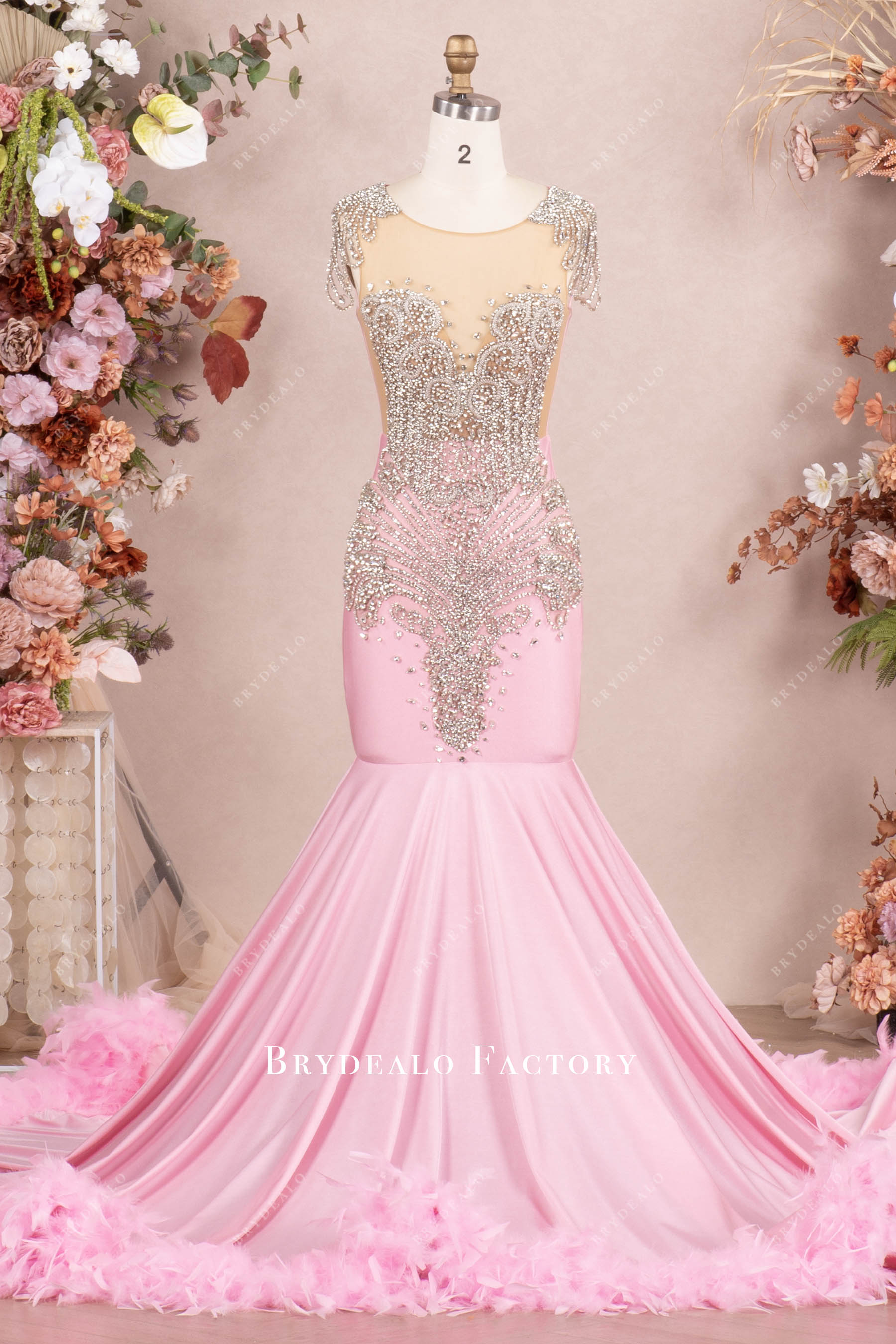 Rhinestones Pink Chapel Feather Train Sleeveless Mermaid Prom Dress