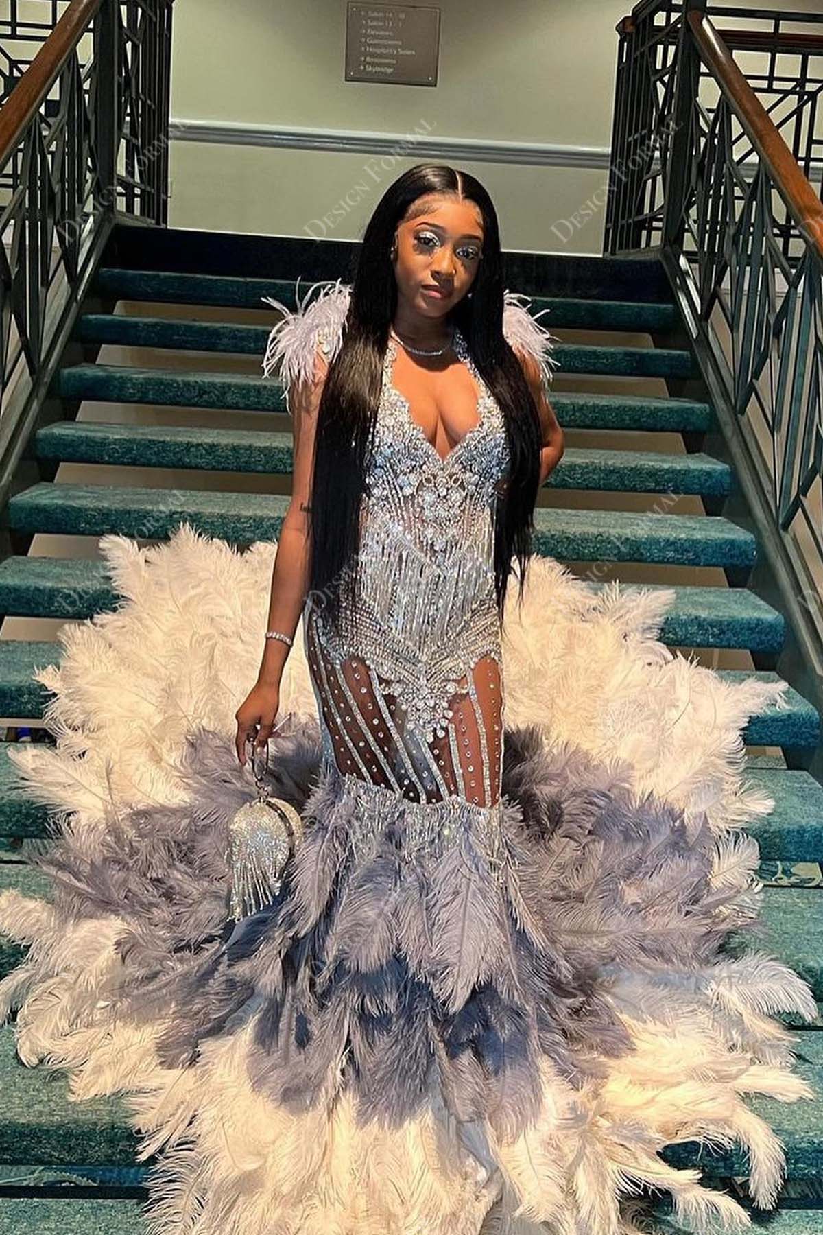 luxury silver beaded tassels feathered trumpet prom gown