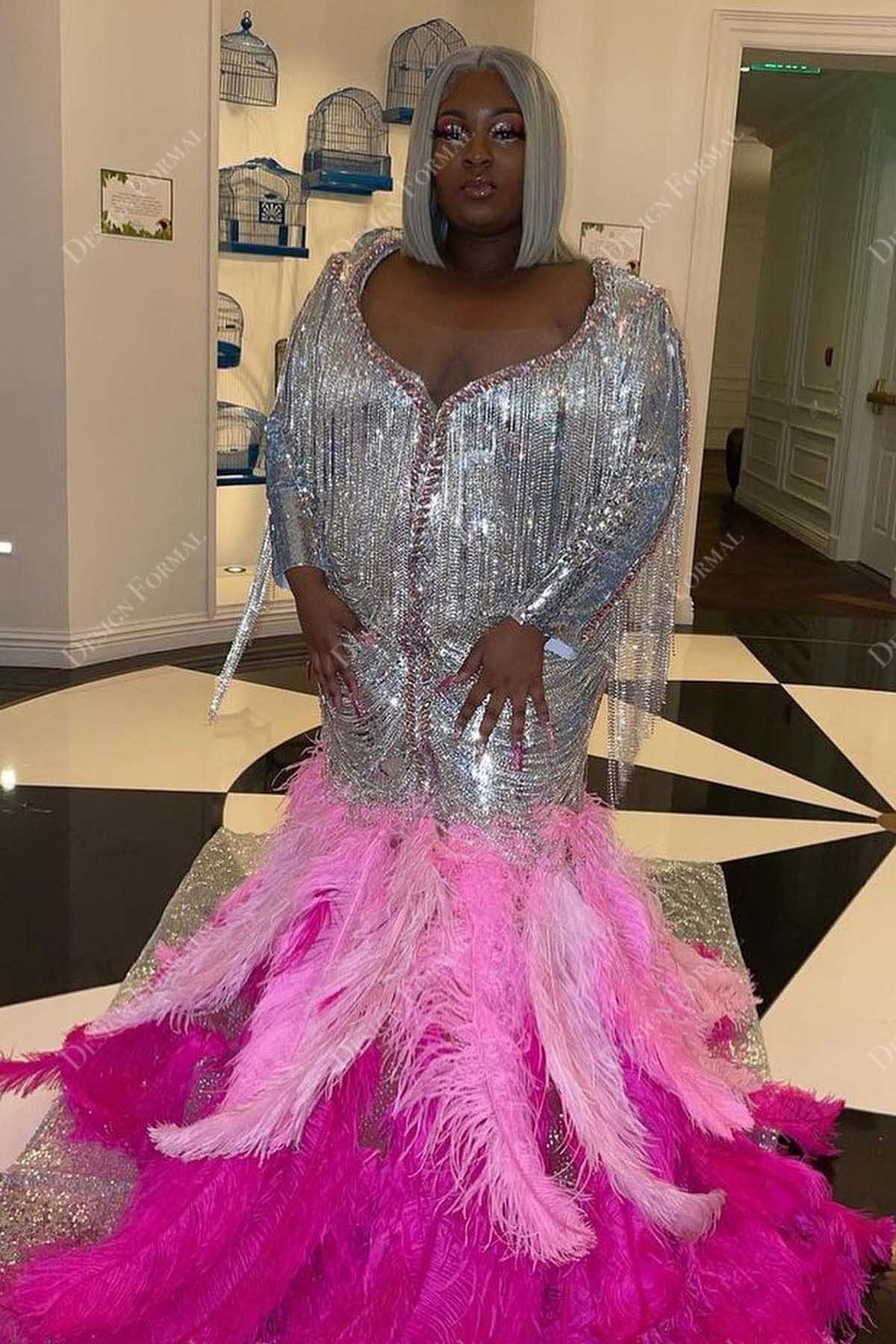 luxury silver beaded tassels fuchsia pink big feathers prom gown