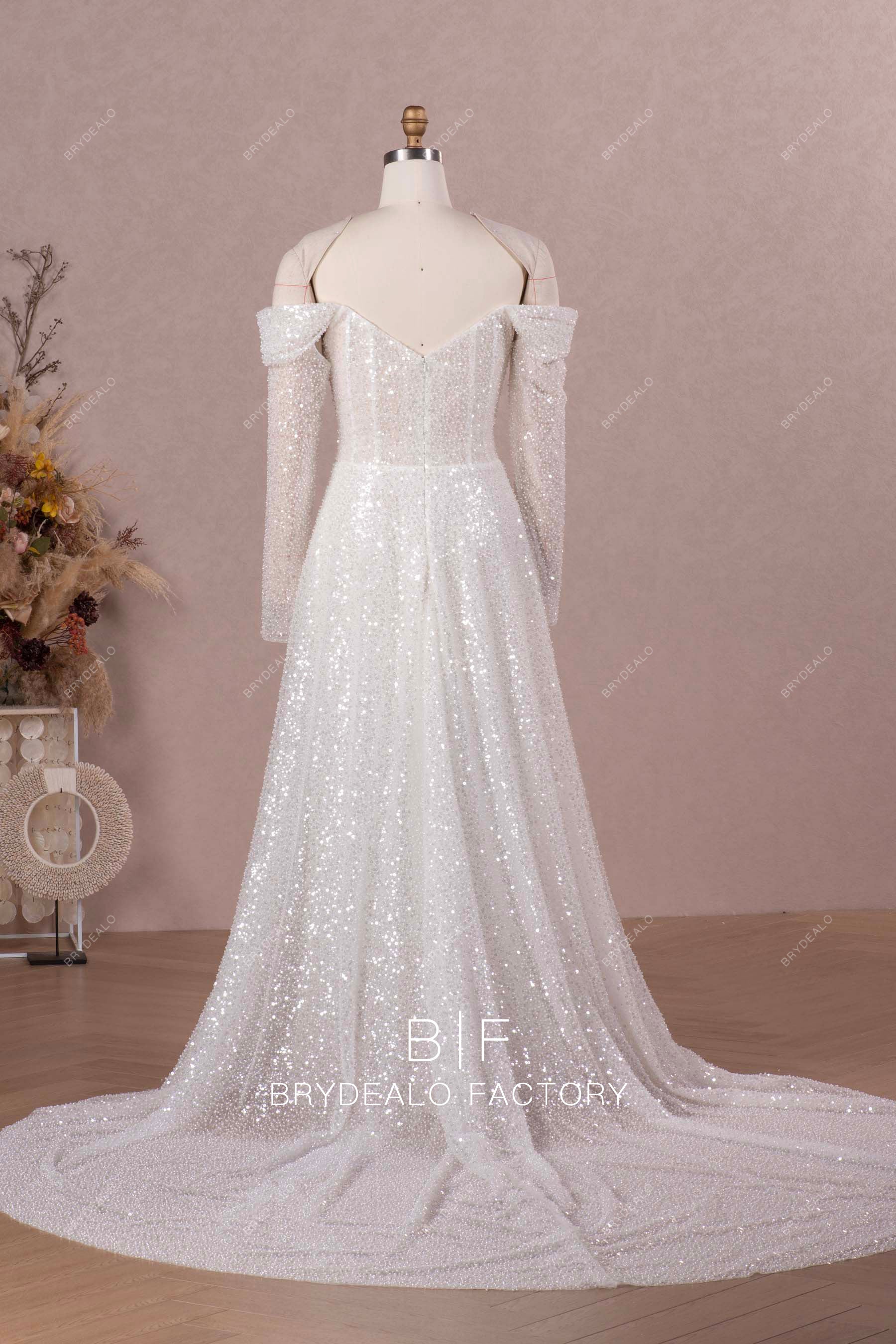 open back off shoulder A-line wedding dress