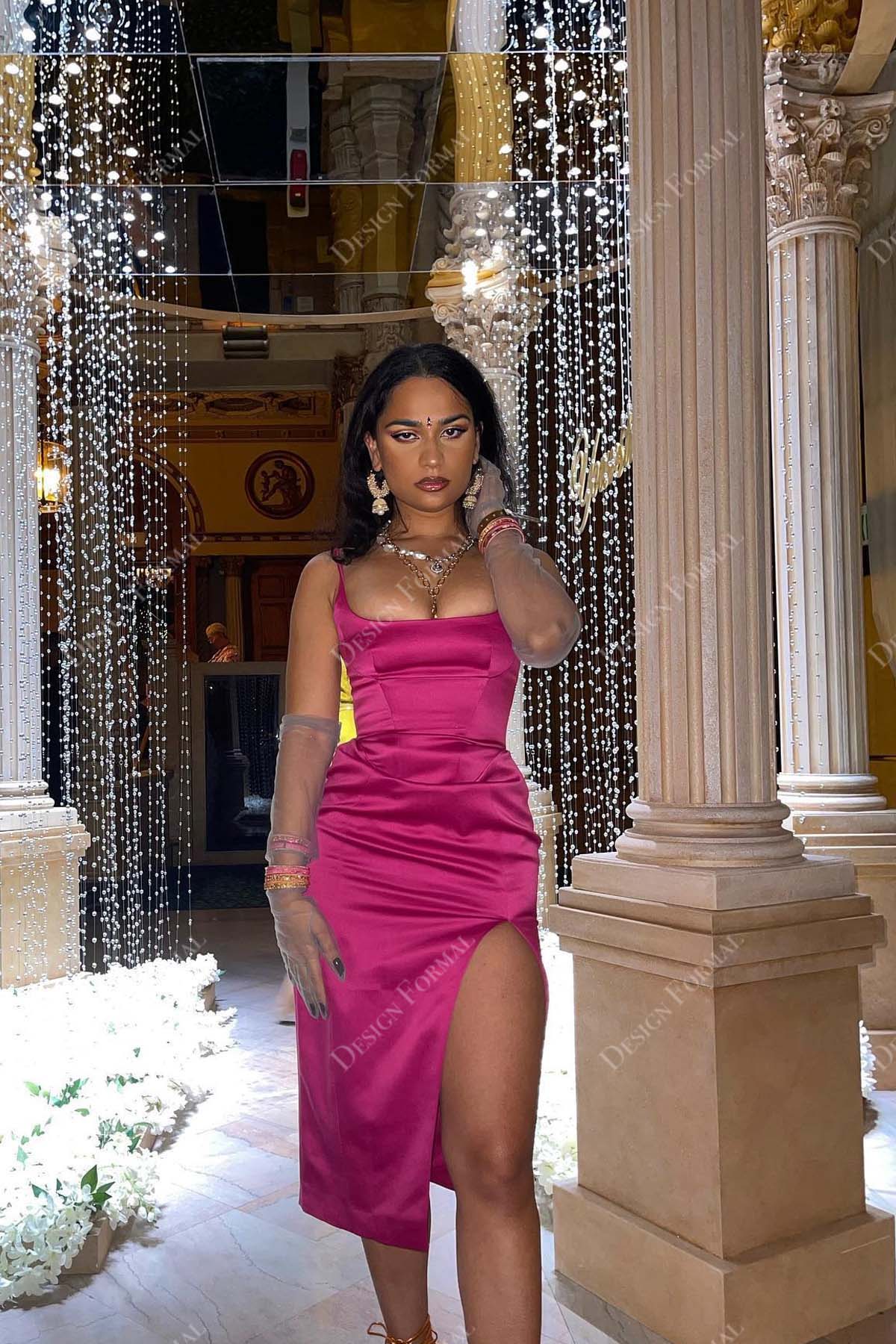Magenta Satin Square Neck Designer Slit Cocktail Prom Gown Magenta Satin Square Neck Designer Slit Cocktail Prom Gown