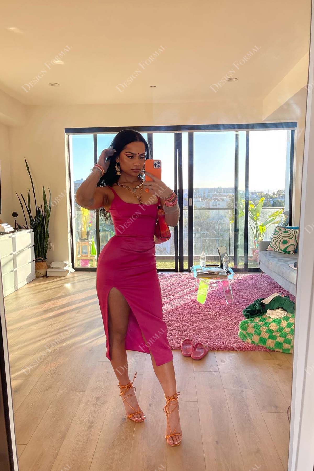 magenta square neck high slit tea length cocktail prom gown