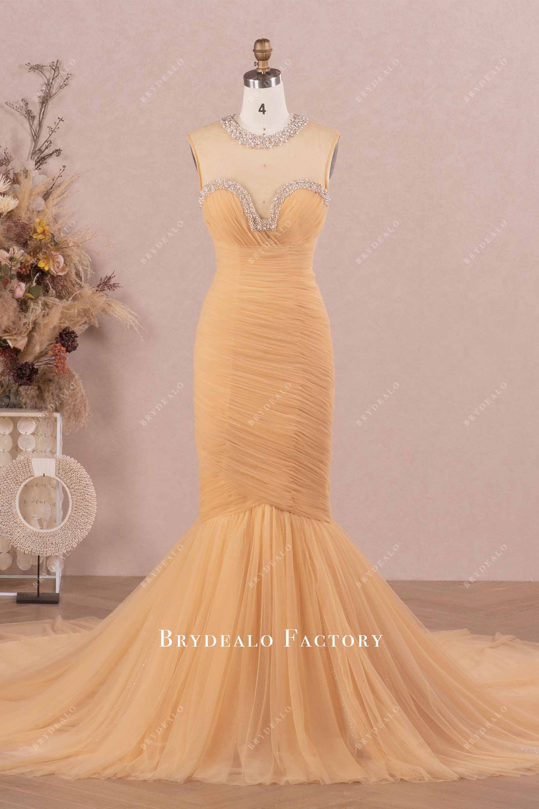 marigold pleated tulle trumpet wedding dress