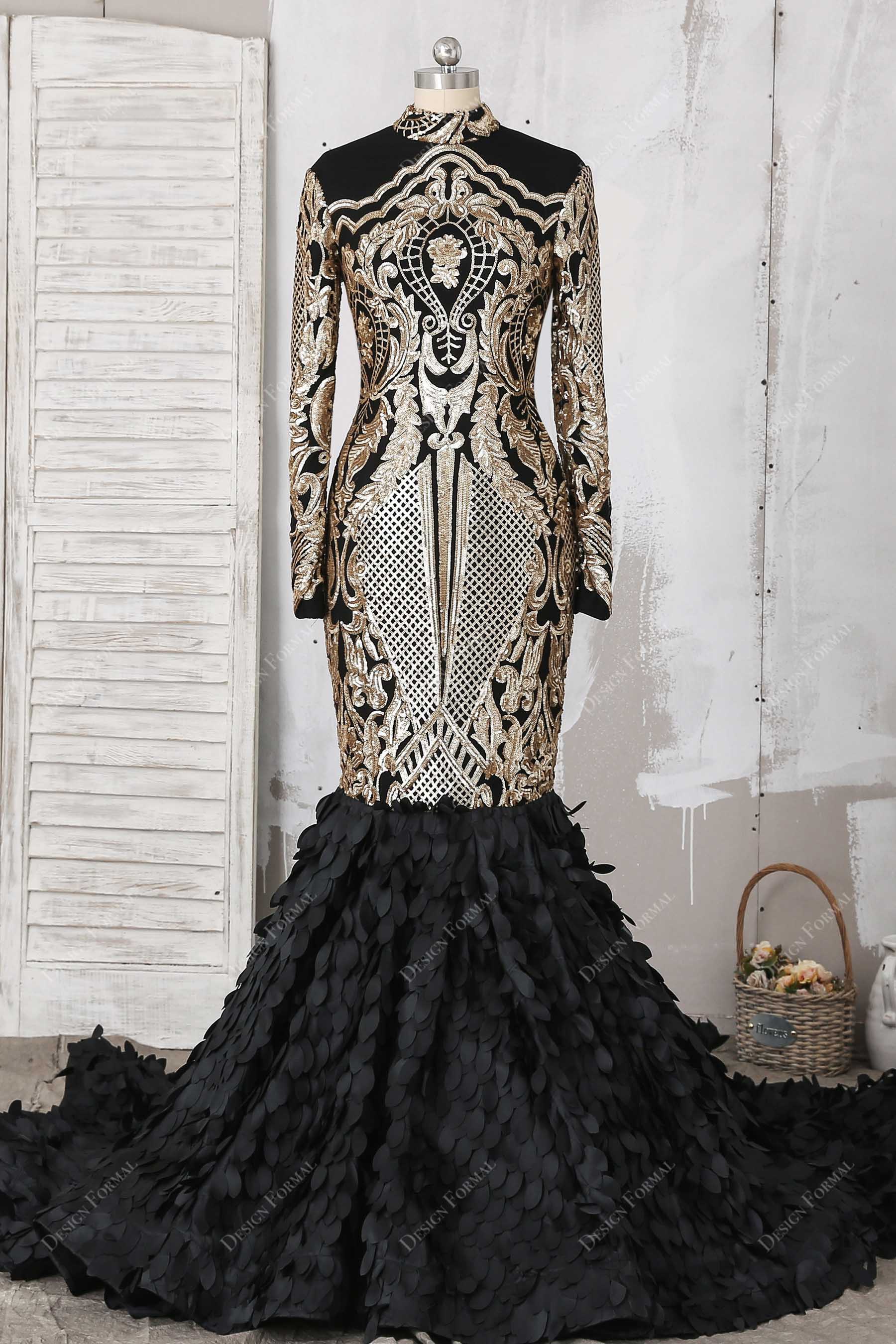 matte gold sequin black 3D leaf trumpet prom gown