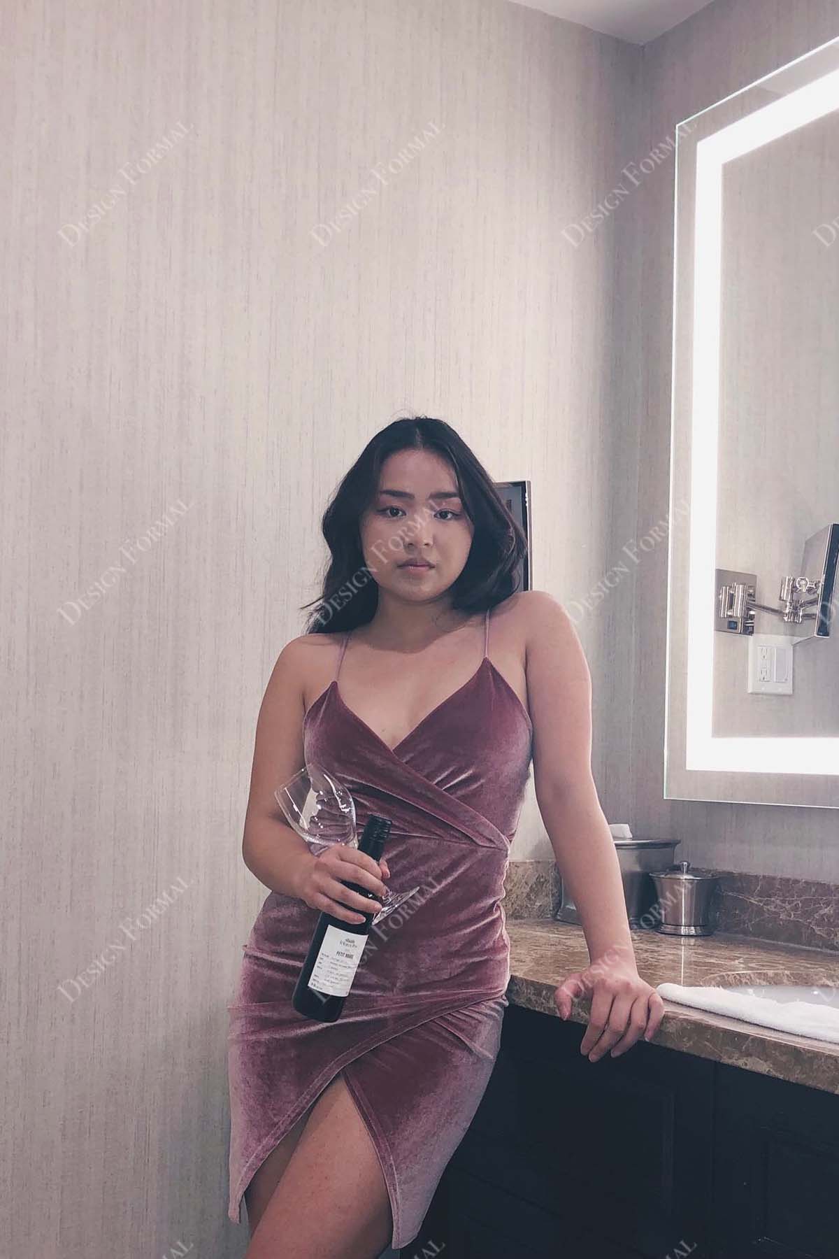 mauve velvet spaghetti straps V-neck wrapped cocktail prom dress