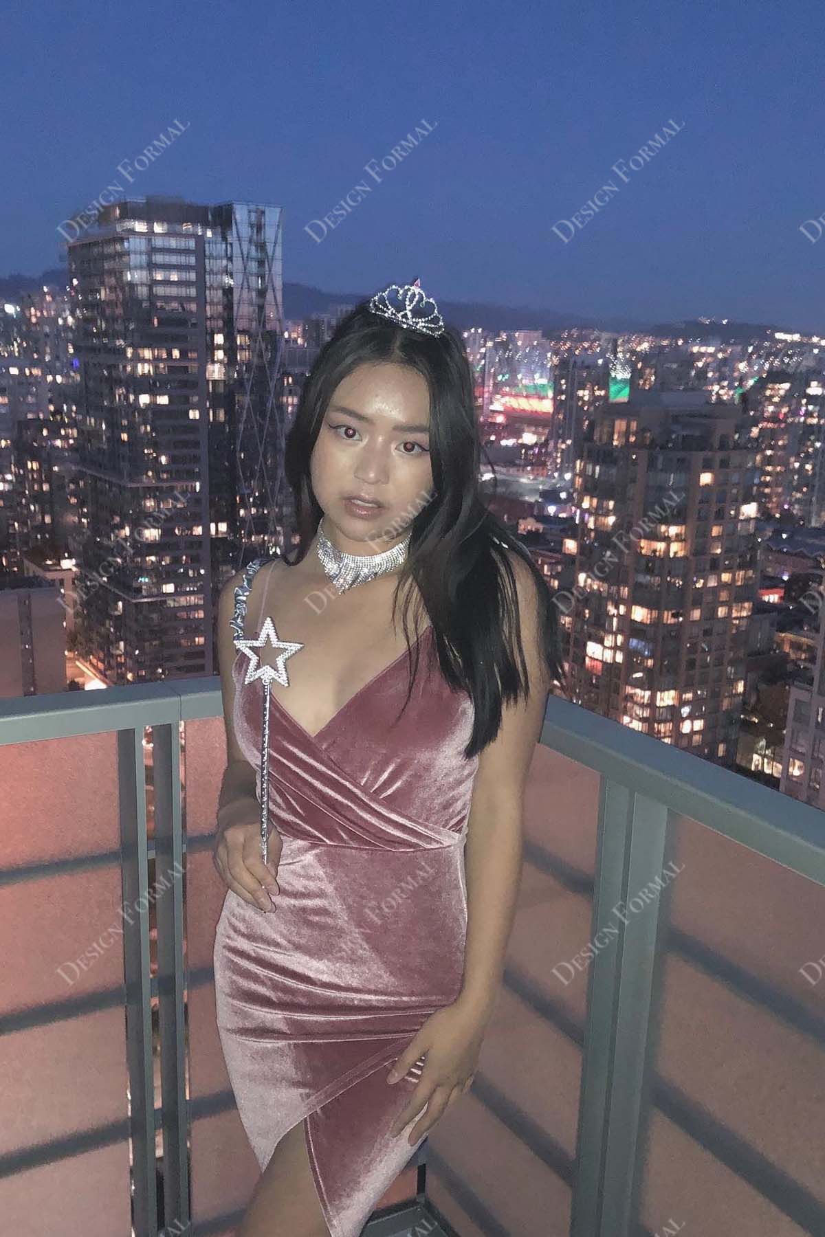 mauve velvet V-neck wrapped tailor-made cocktail dress