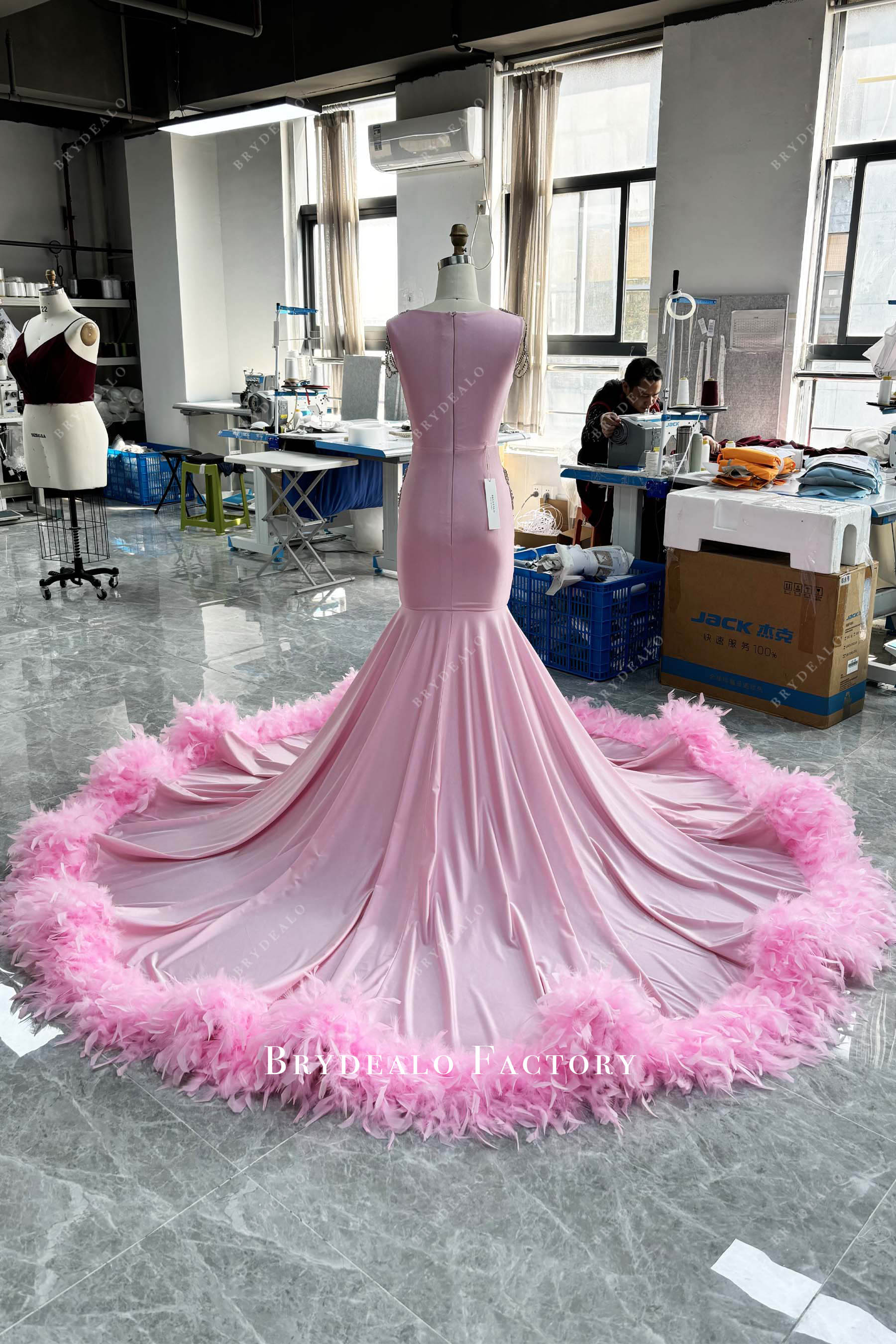 designer feathers long train pink fit and flare prom dress