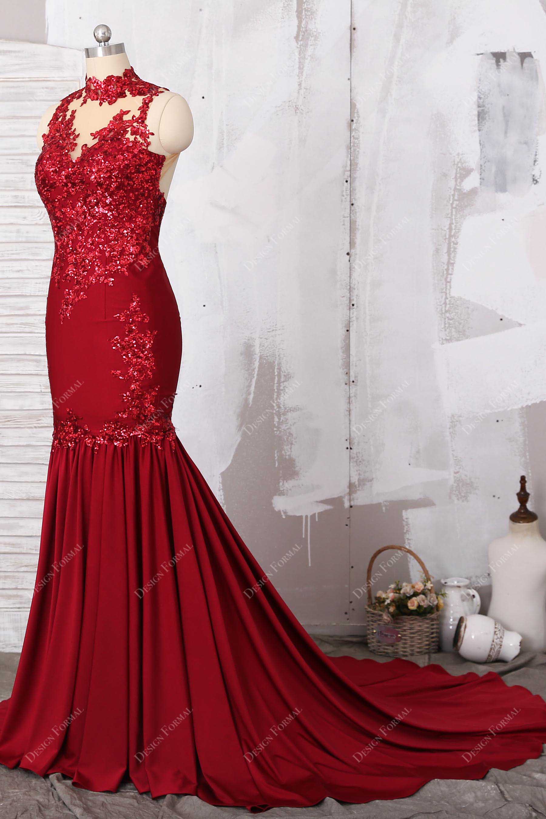 mermaid illusion neck burgundy prom dress