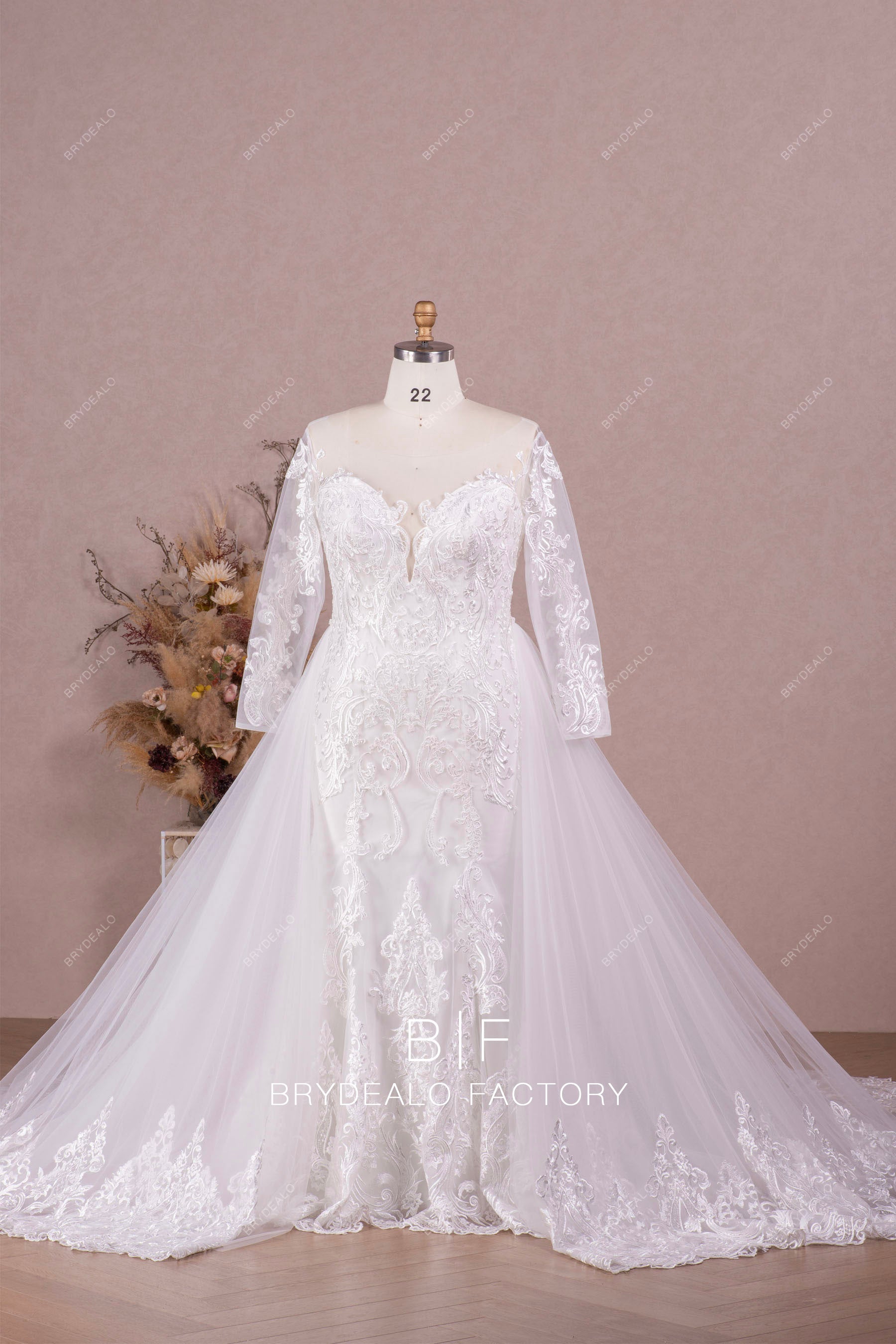 designer lace plus size wedding dress with overskirt