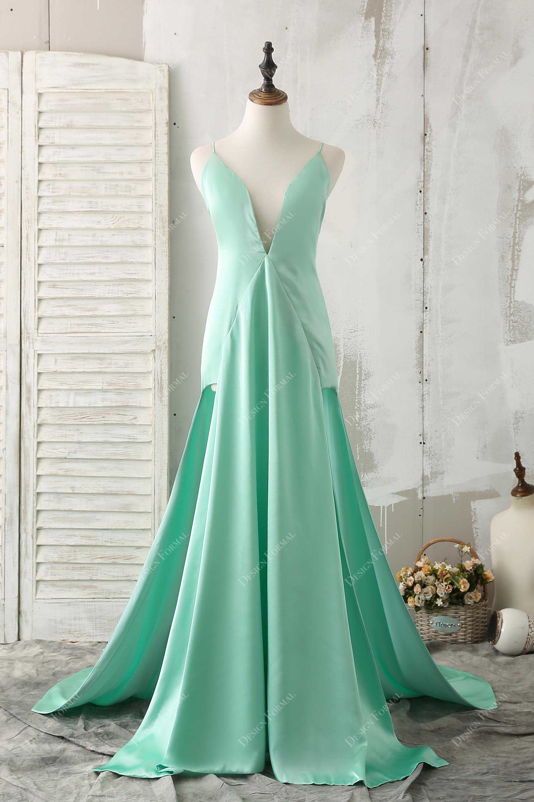 Mint Satin Sexy Plunging Slits A-Line Prom Dress Mint Satin Sexy Plunging Slits A-Line Prom Dress