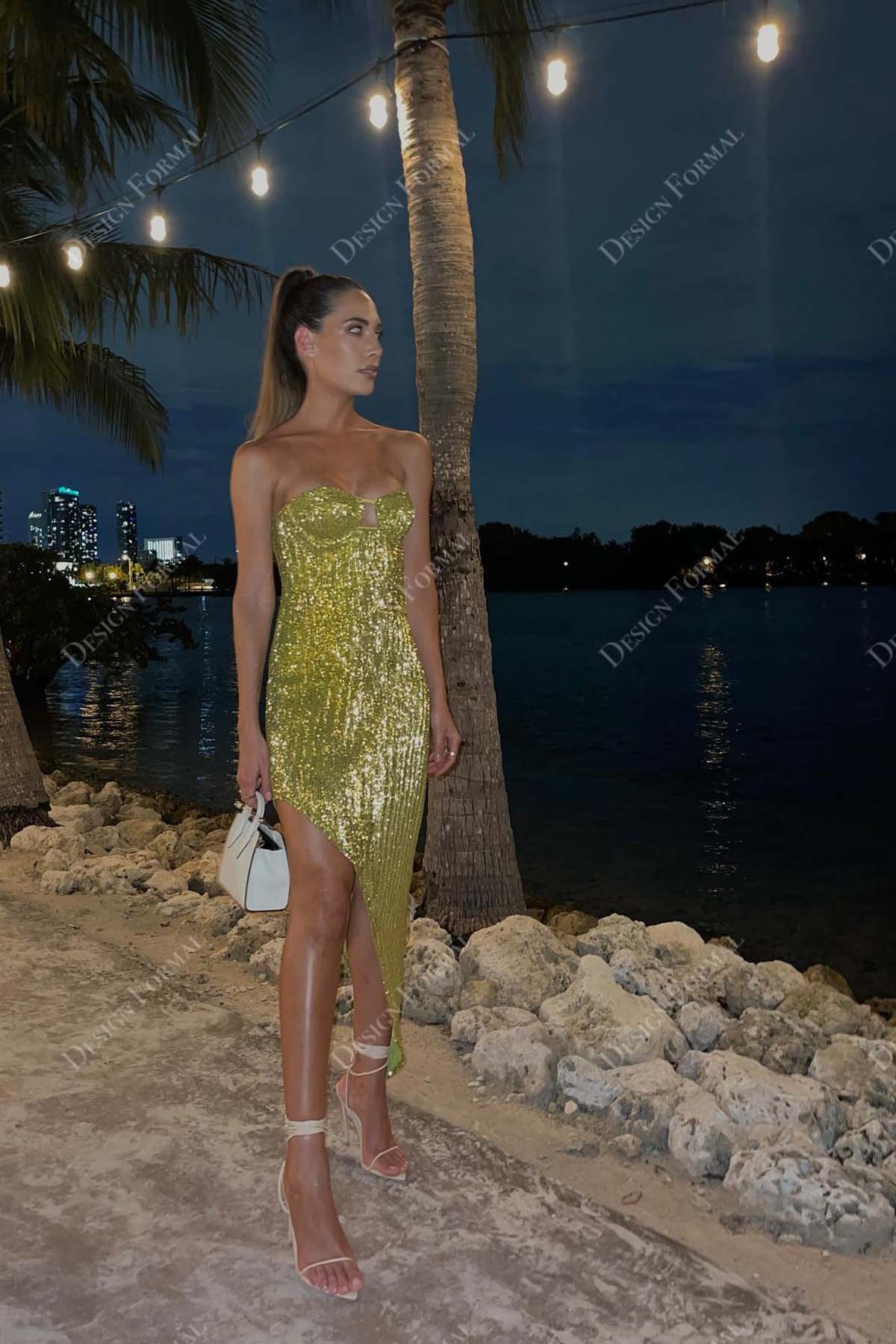 moss green sequin slit strapless gown