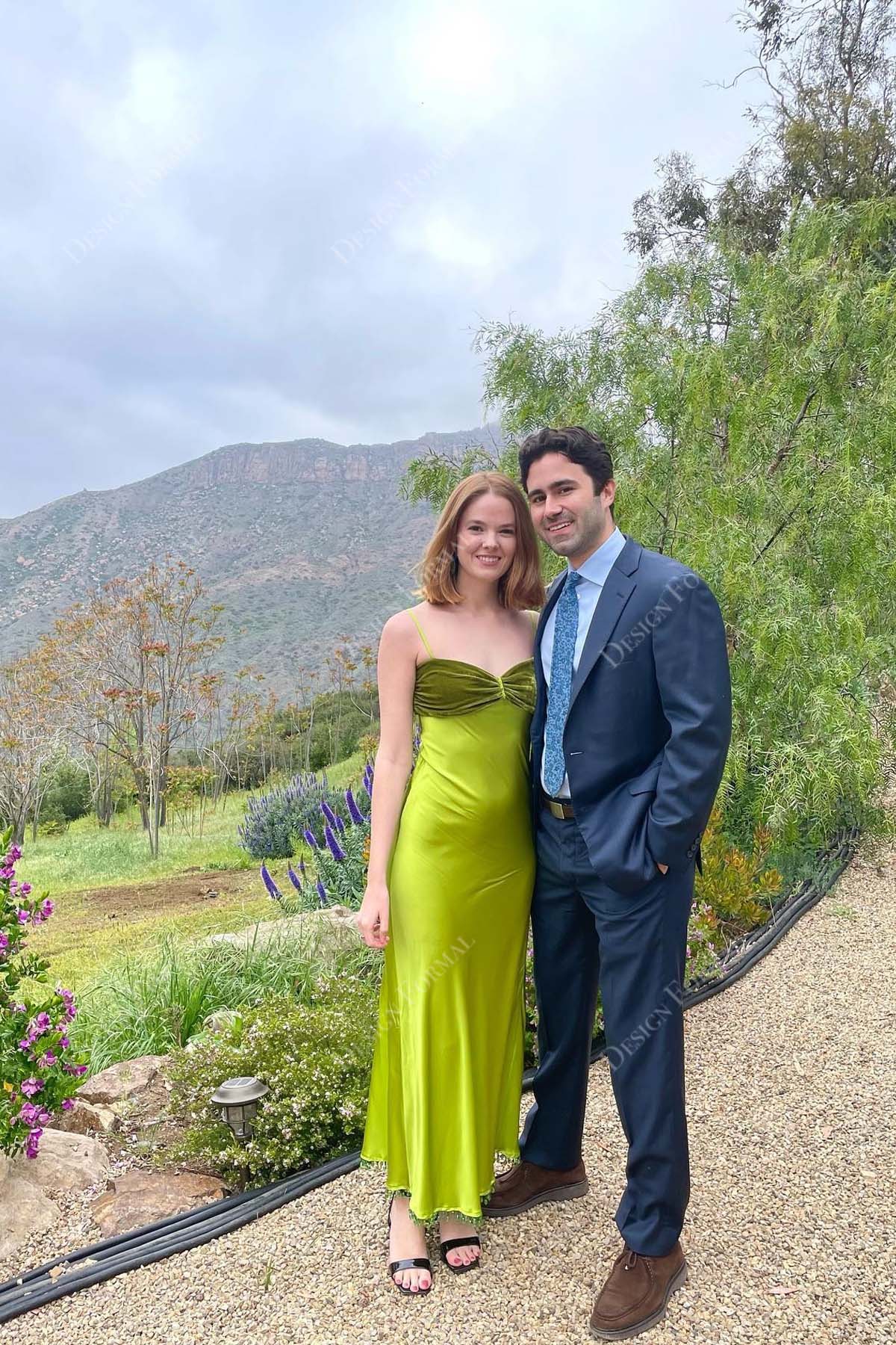 moss green velvet satin spaghetti straps sweetheart neck ankle length prom dress