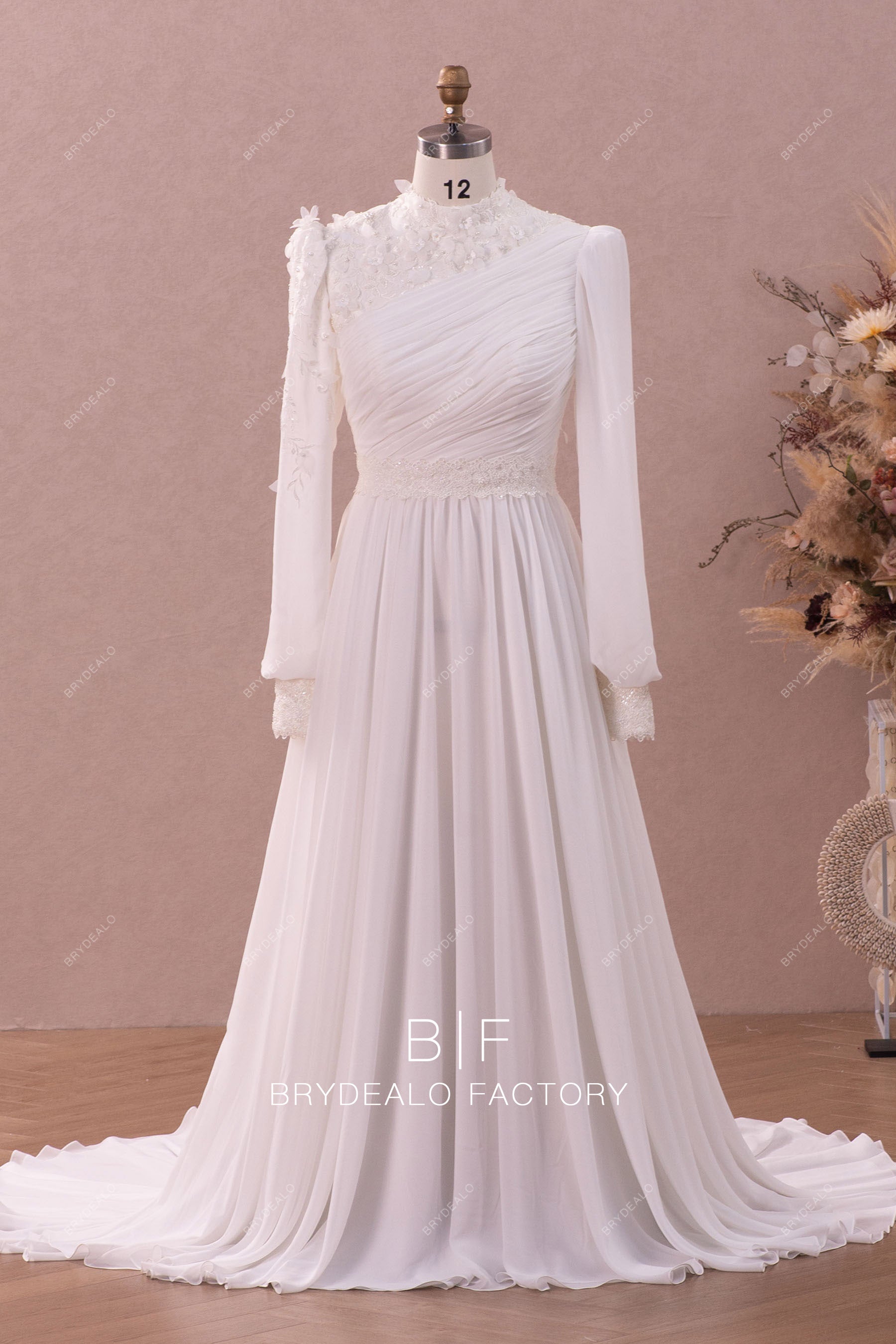 Modest Long Sleeve Flower Lace Chiffon Muslim American Wedding Dress Modest Long Sleeve Flower Lace Chiffon Muslim American Wedding Dress