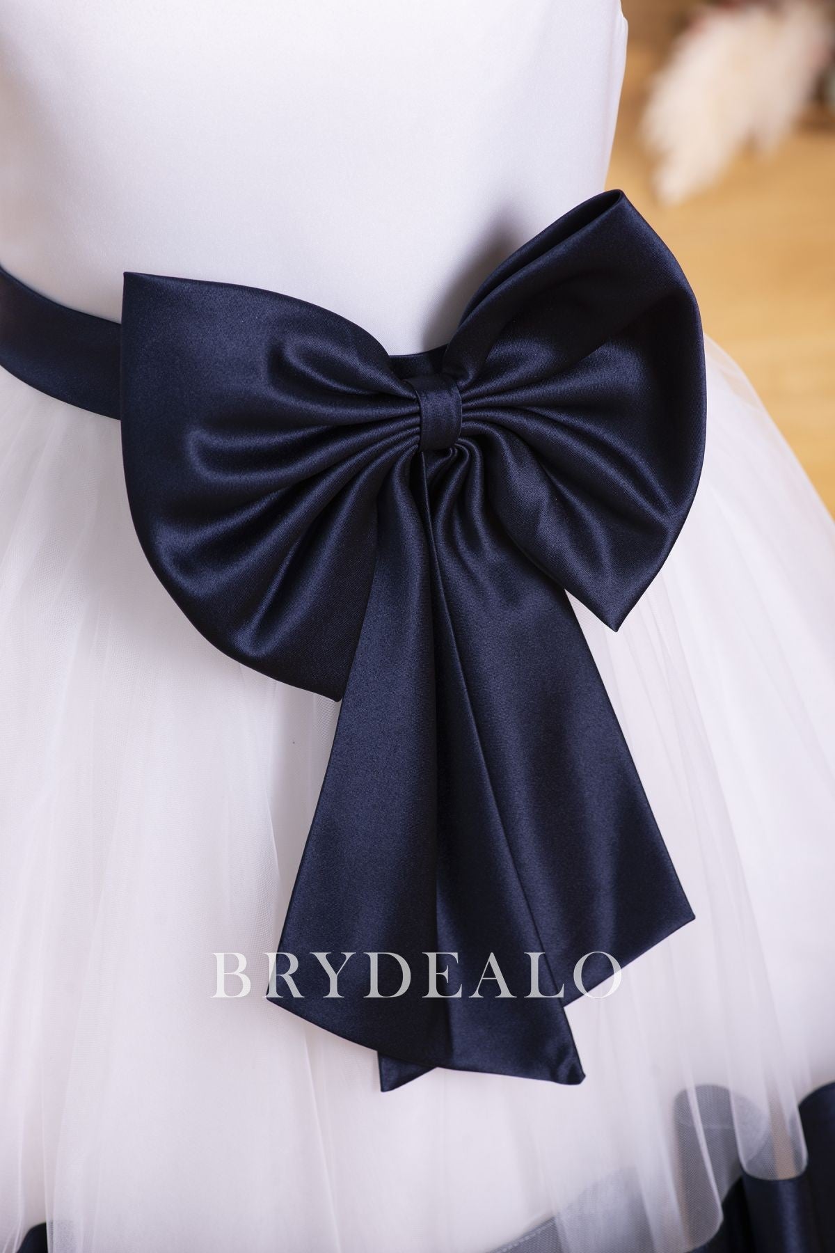 Navy Satin Big Bow Flower Girl Ball Dress For Wedding