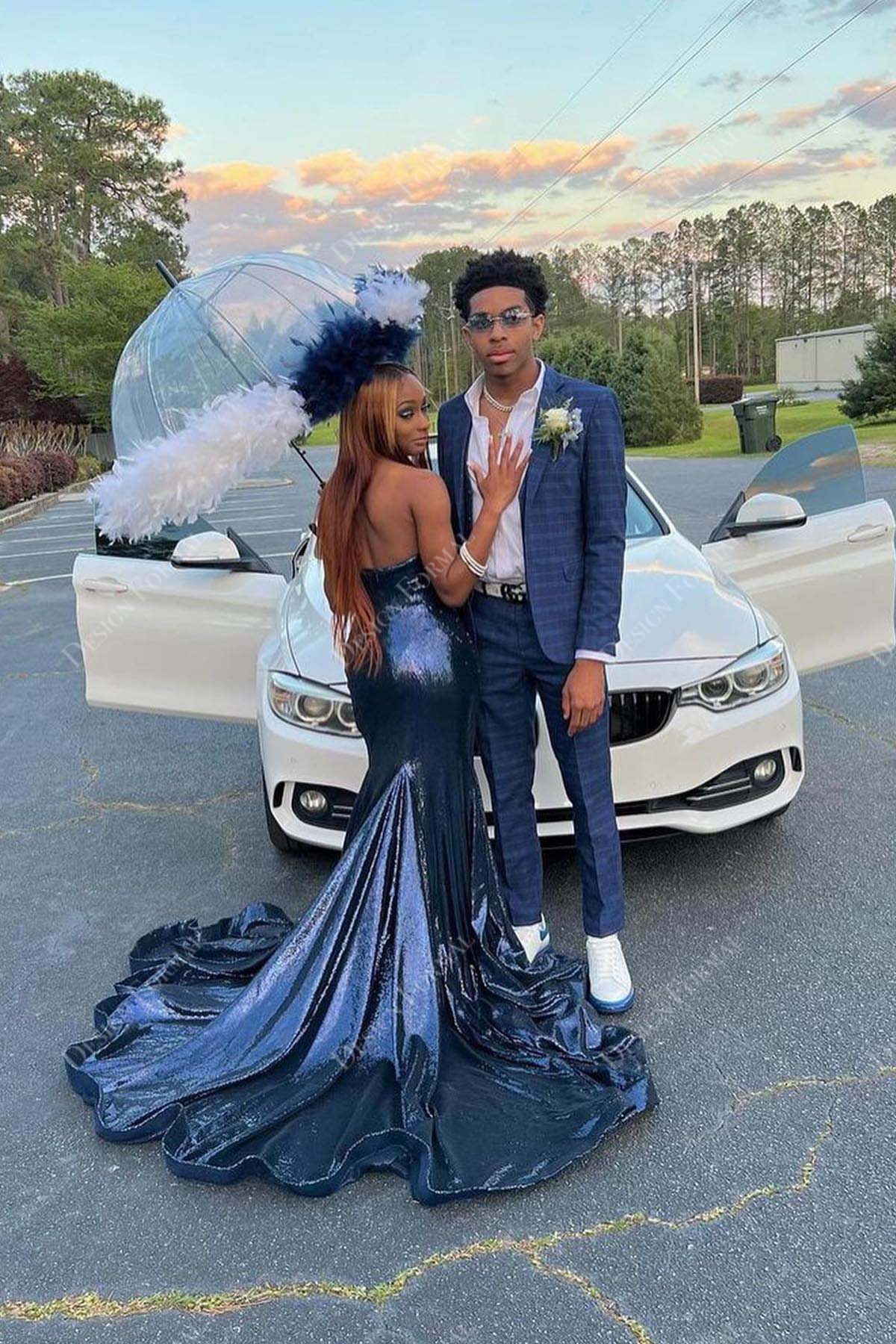 navy blue glitter strapless low back slit mermaid long prom dress