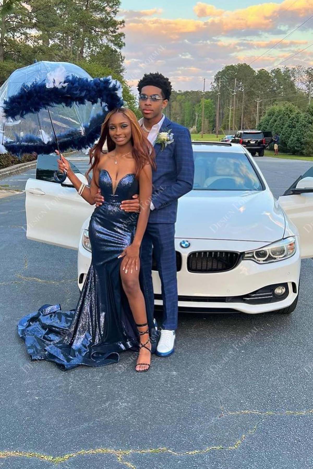 navy blue glitter strapless plunging slit mermaid long prom dress