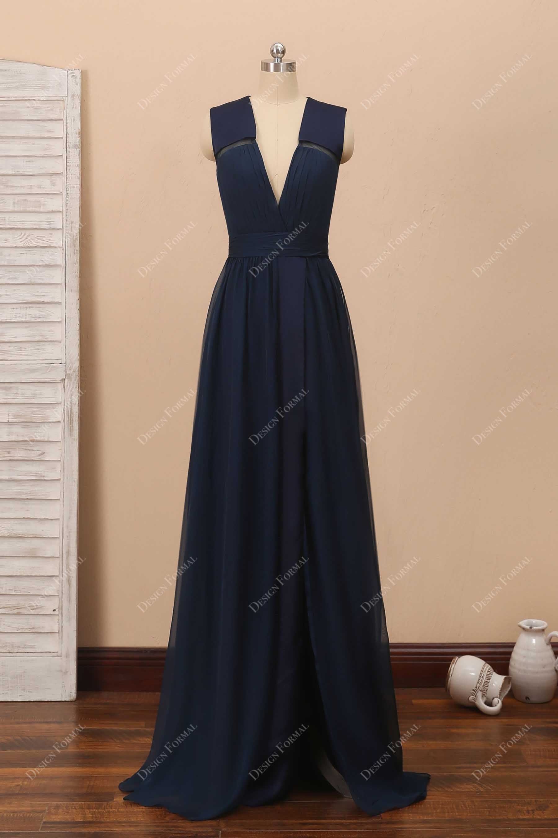 Navy Chiffon V-Neck Long A-Line Slit Evening Bridesmaid Dress