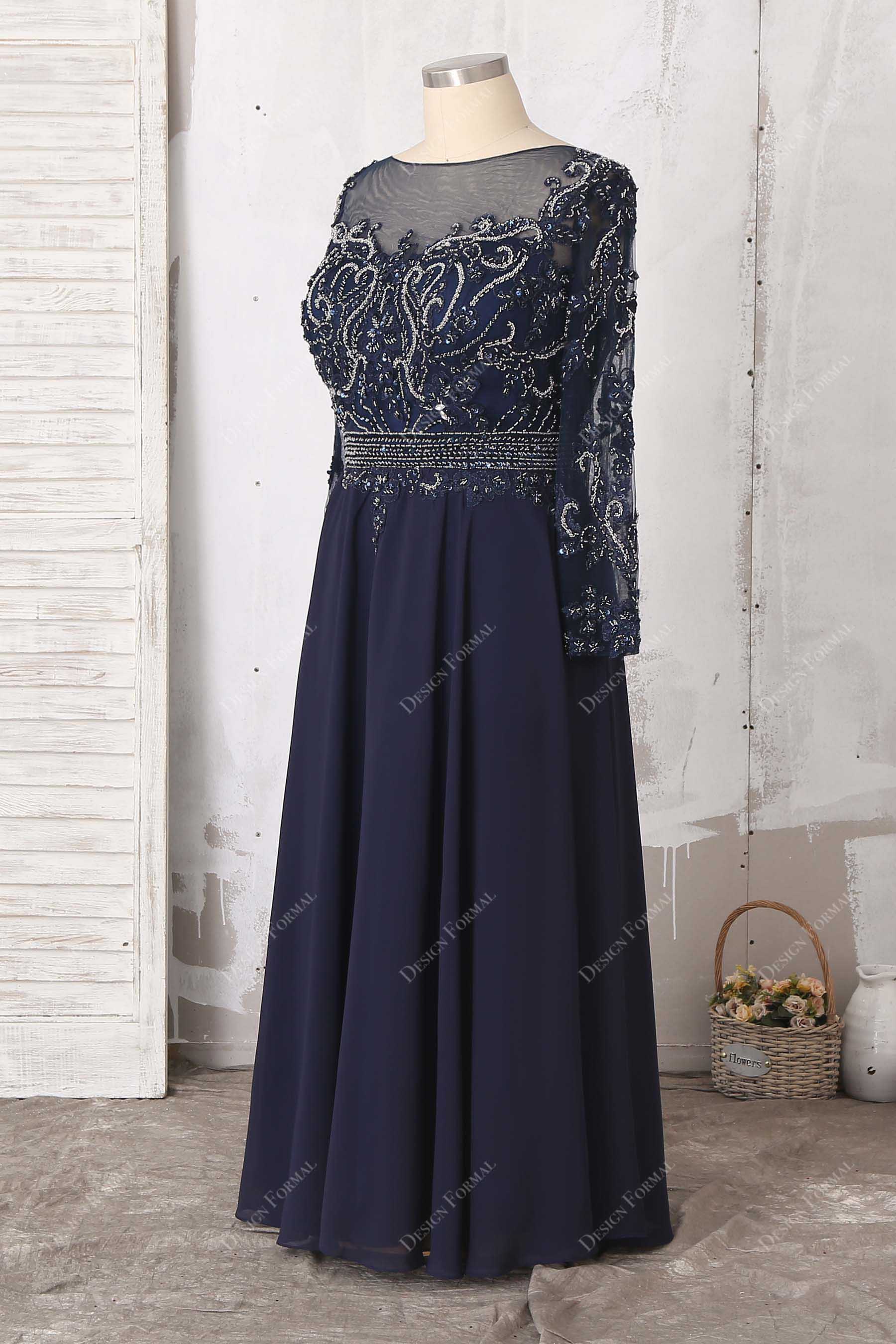 navy chiffon beading embellished illusion neck prom gown
