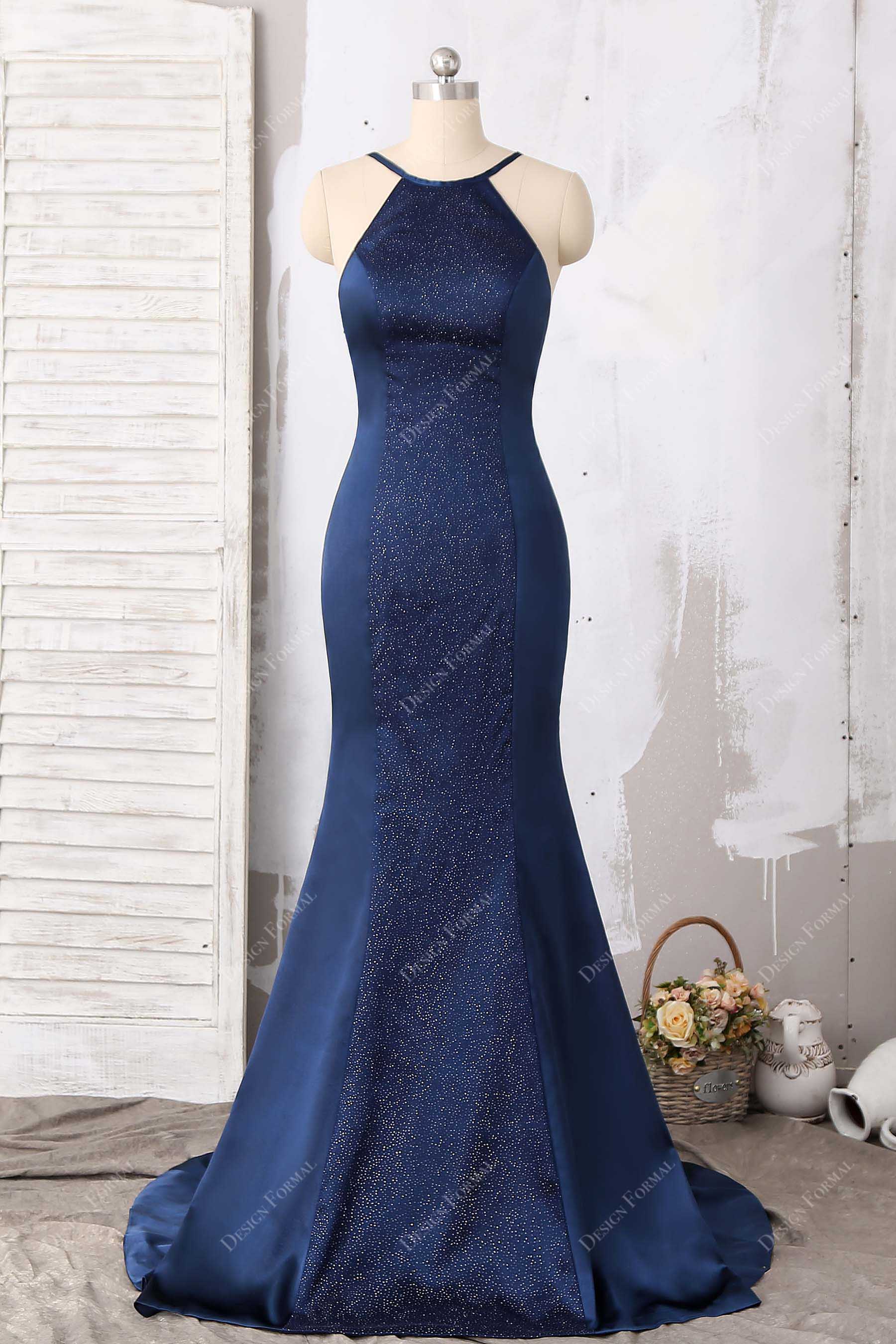 navy glitter satin halter evening prom dress