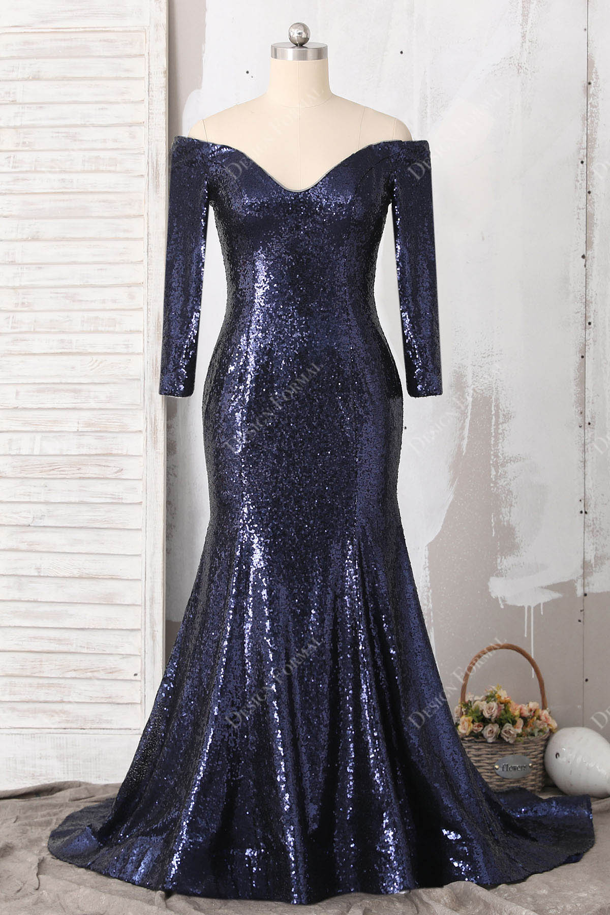 Navy Sequin Off-Shoulder Long Sleeve Mermaid Prom Dress