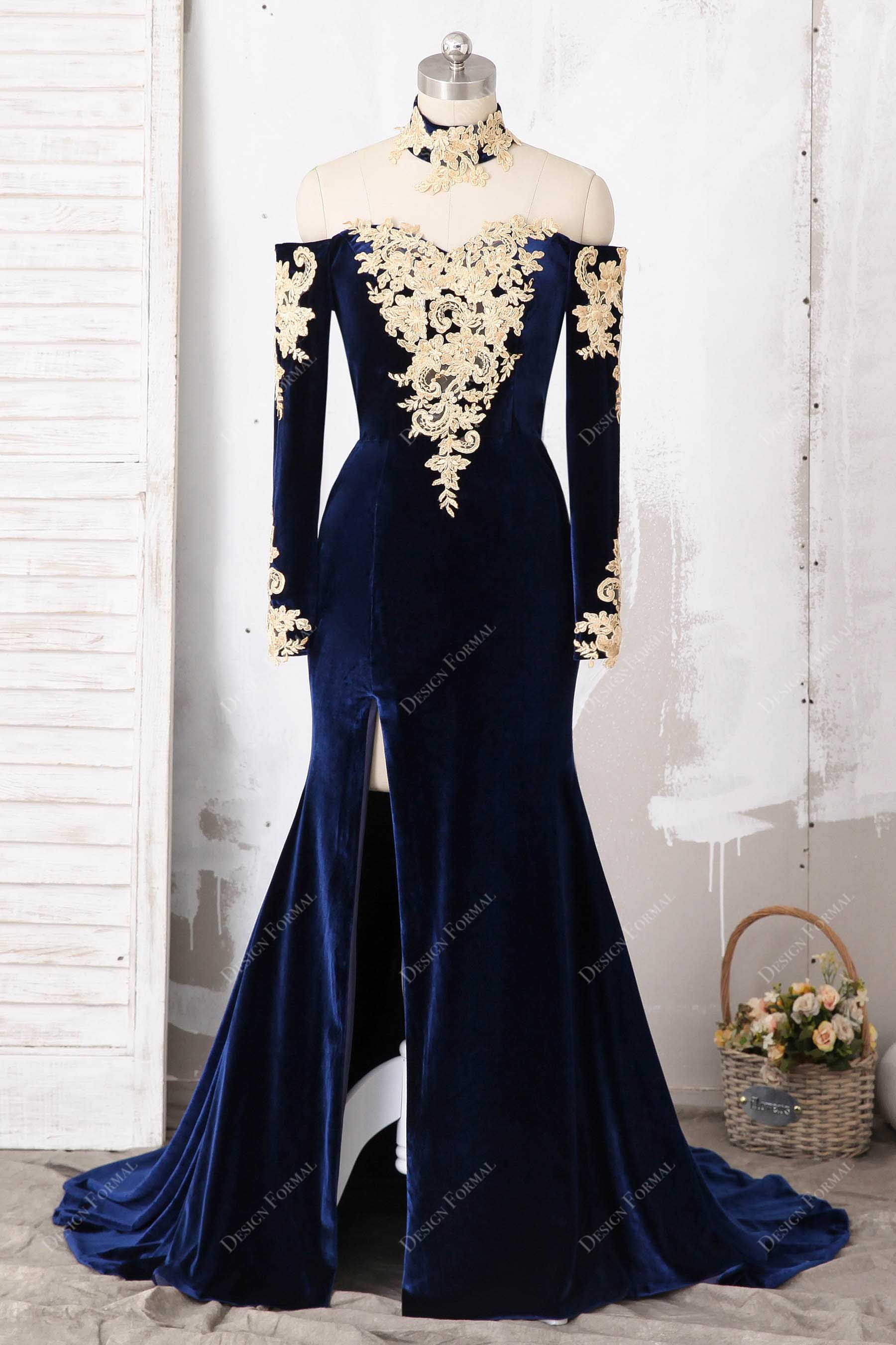 navy velvet gold lace choker slit dress