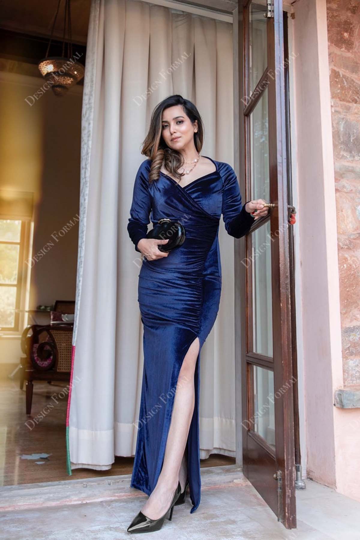 navy blue velvet long sleeves V-neck high slit fit and flare crafted prom dress