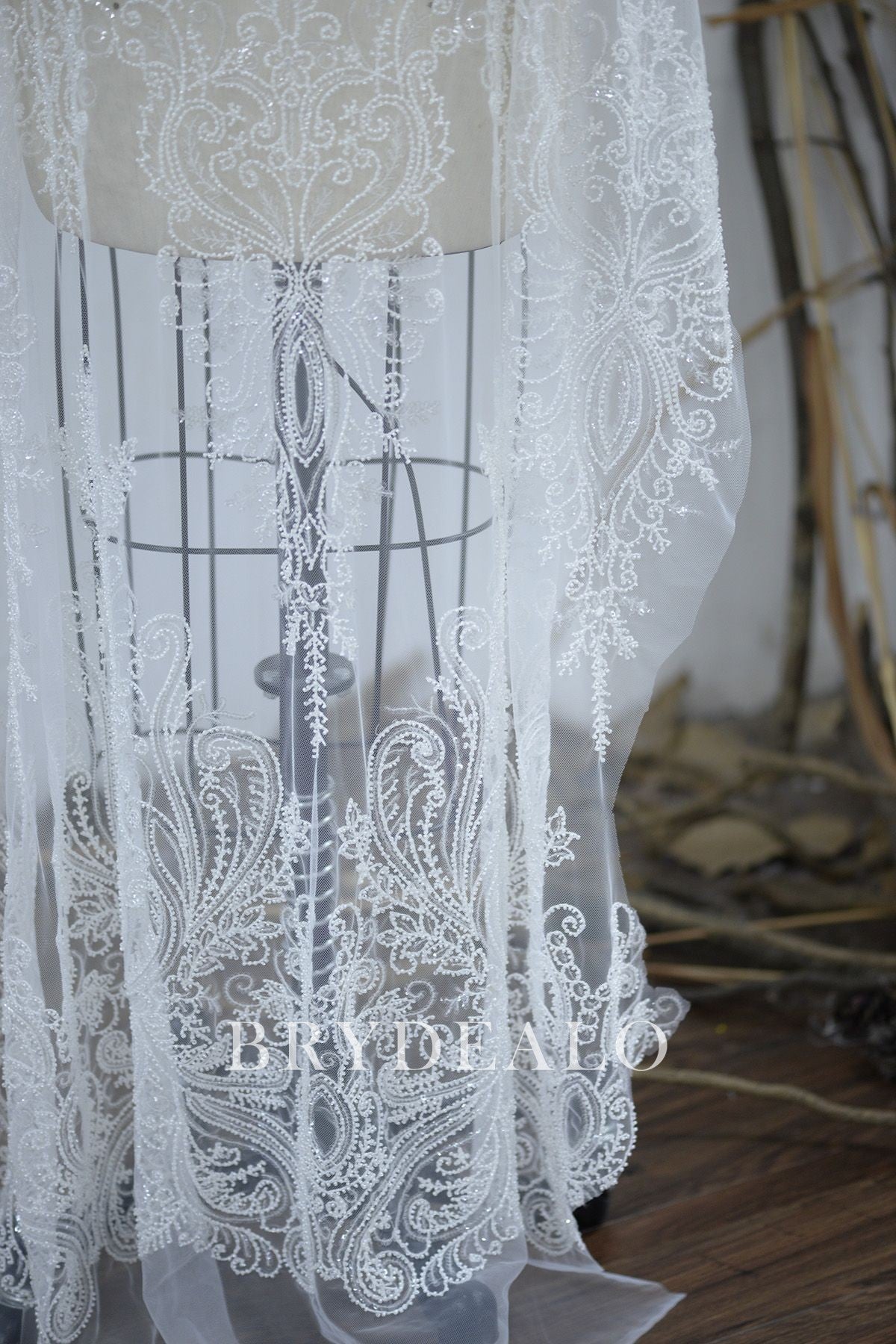 Sparkly Beaded Symmetrical Abstract Lace Fabric