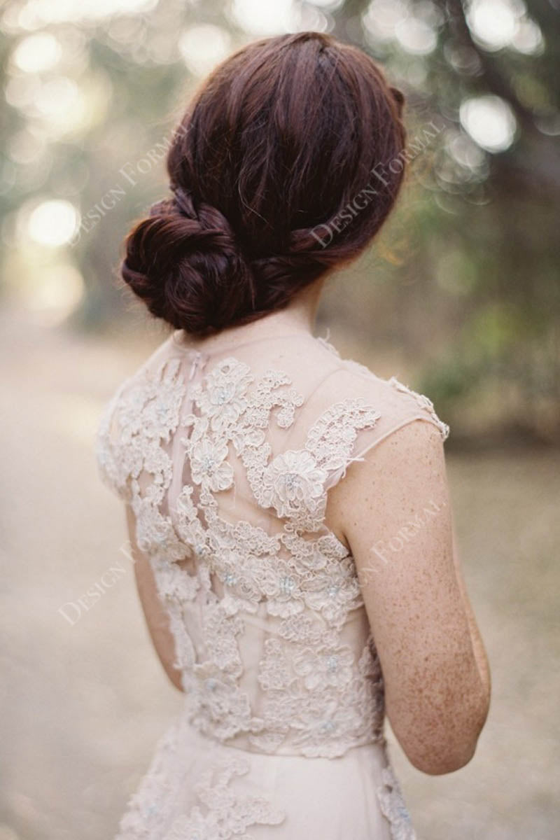 Nude Pink Cap Sleeves Lace Designer Wedding Dress