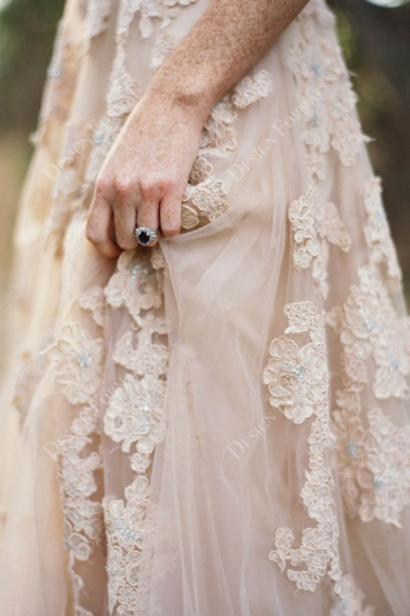 Nude Pink Cap Sleeves Lace Designer Wedding Dress