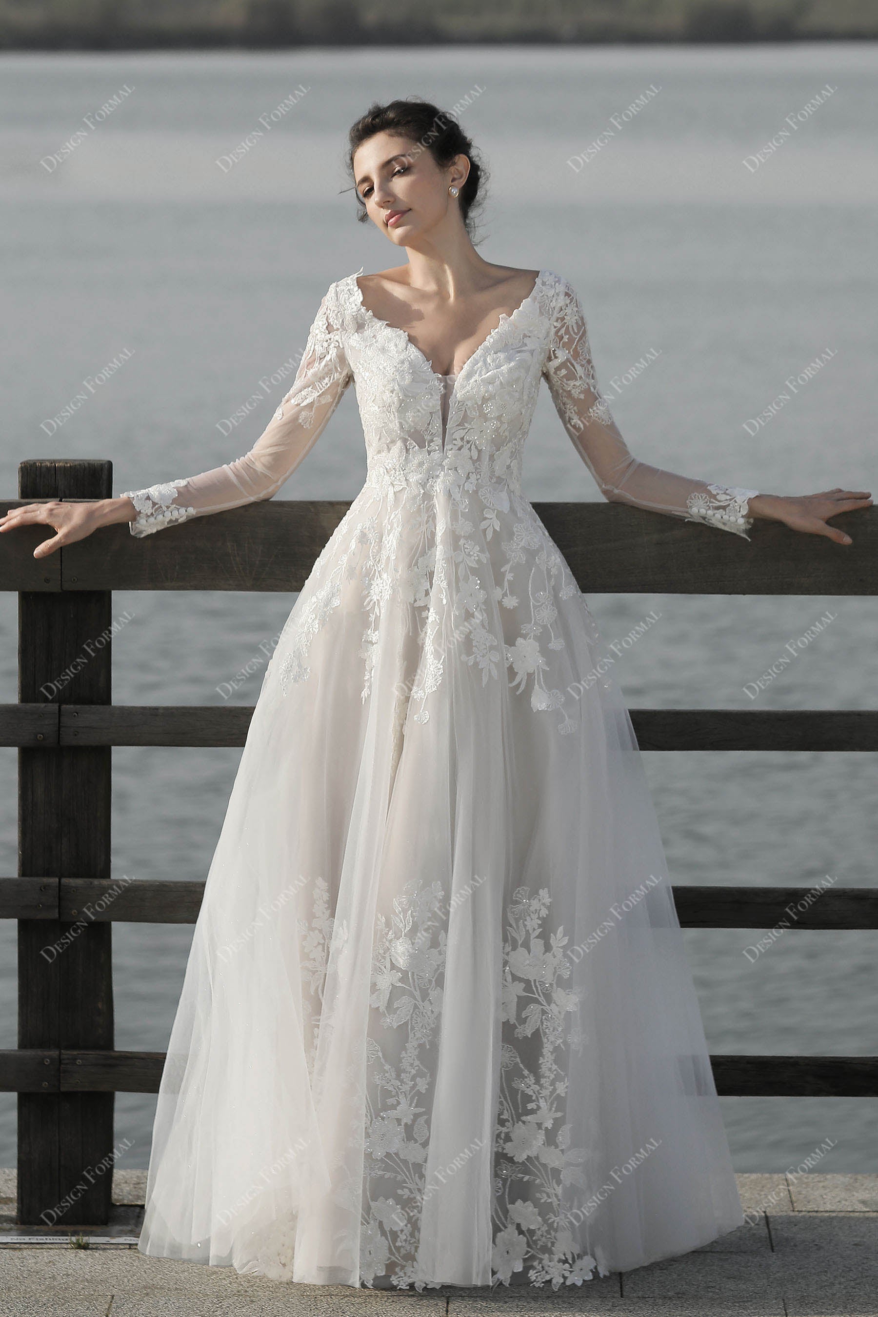 Gorgeous Lace Sheer Sleeve Plunging Nude Floor Length Beach Bridal Dress, White Gorgeous Lace Sheer Sleeve Plunging Nude Floor Length Beach Bridal Dress, White