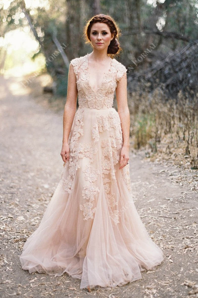 Nude Pink Cap Sleeves Lace Designer Wedding Dress