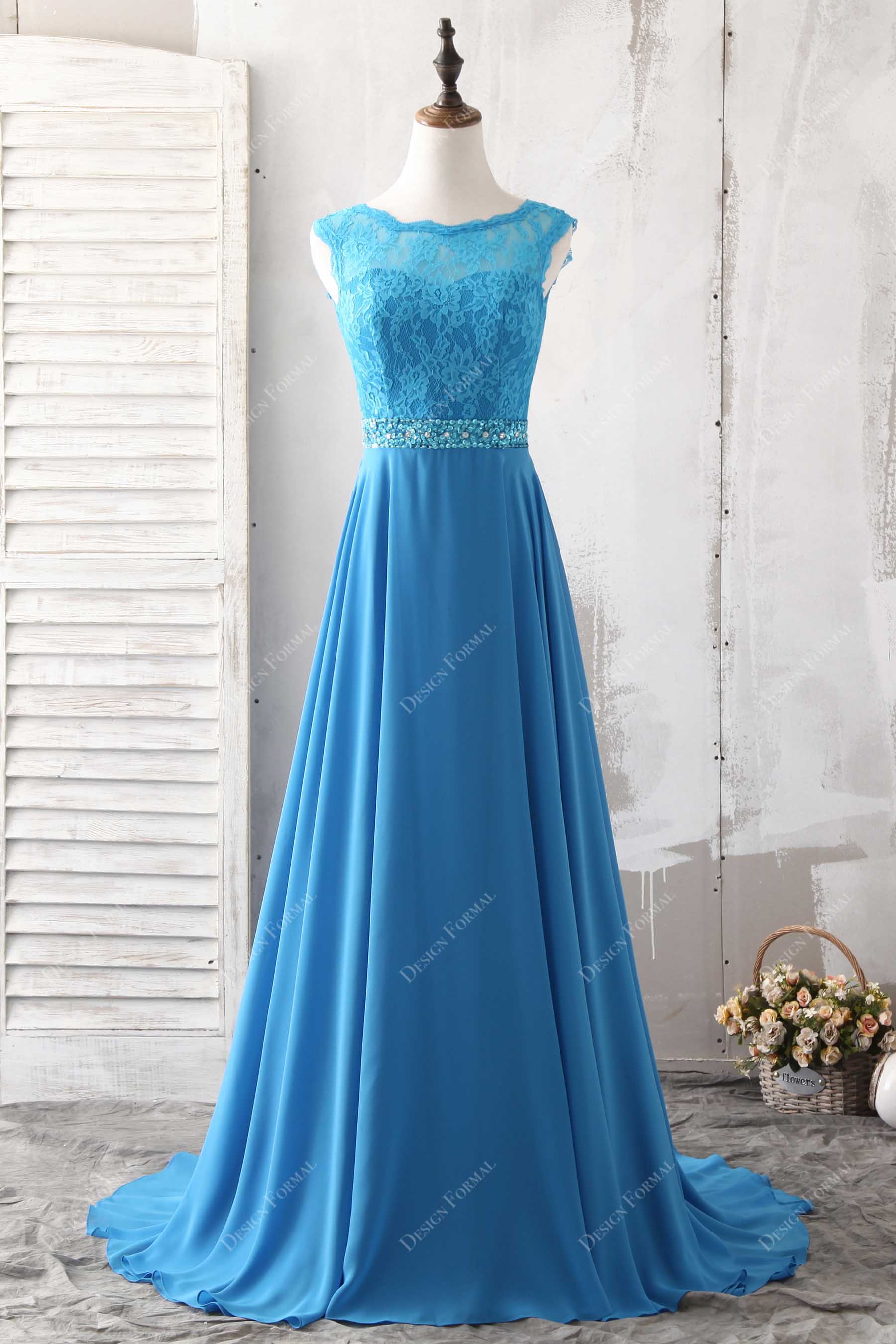 Ocean Blue Lace Chiffon Elegant A-line Long Bridesmaid Evening Dress