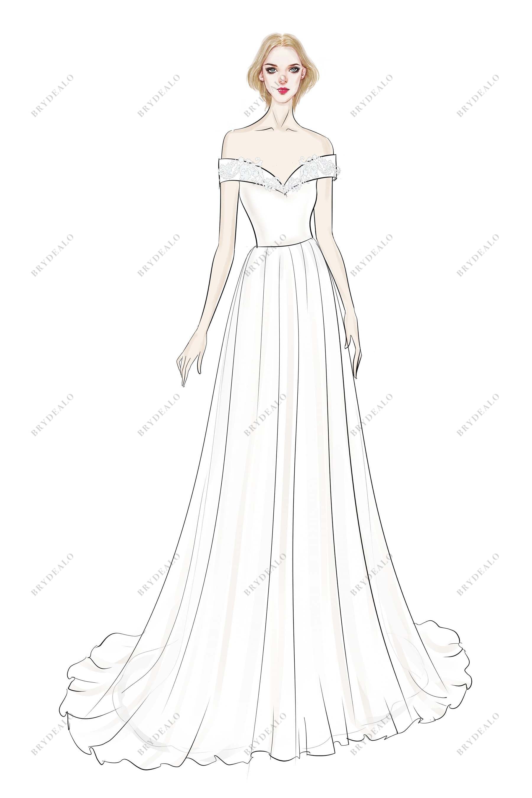 Elegant Off shoulder A line Designer Bridal Dress Sketch