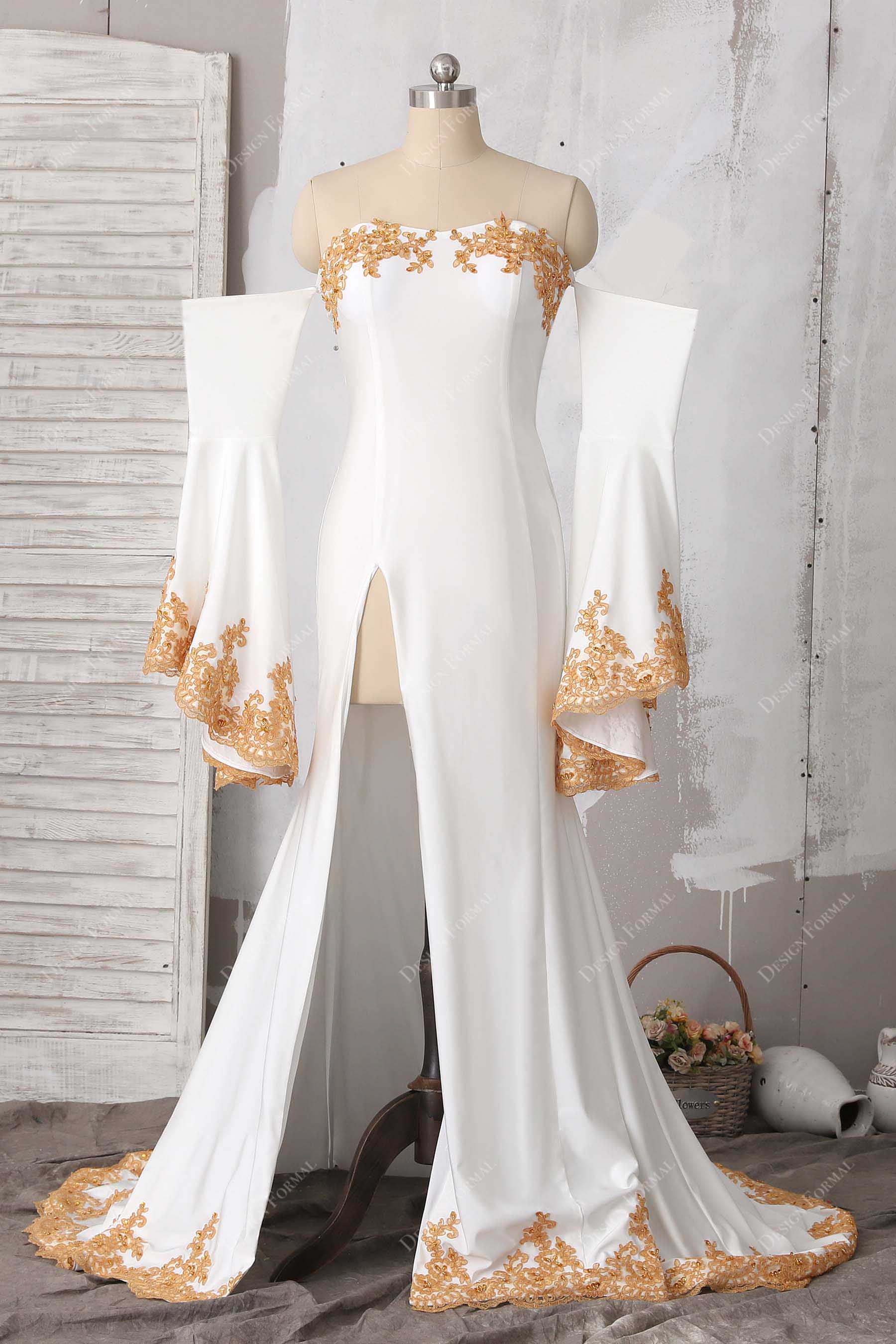 Lace White Jersey Off Shoulder Bell Sleeve Sexy Slit Mermaid Prom Gown Lace White Jersey Off Shoulder Bell Sleeve Sexy Slit Mermaid Prom Gown