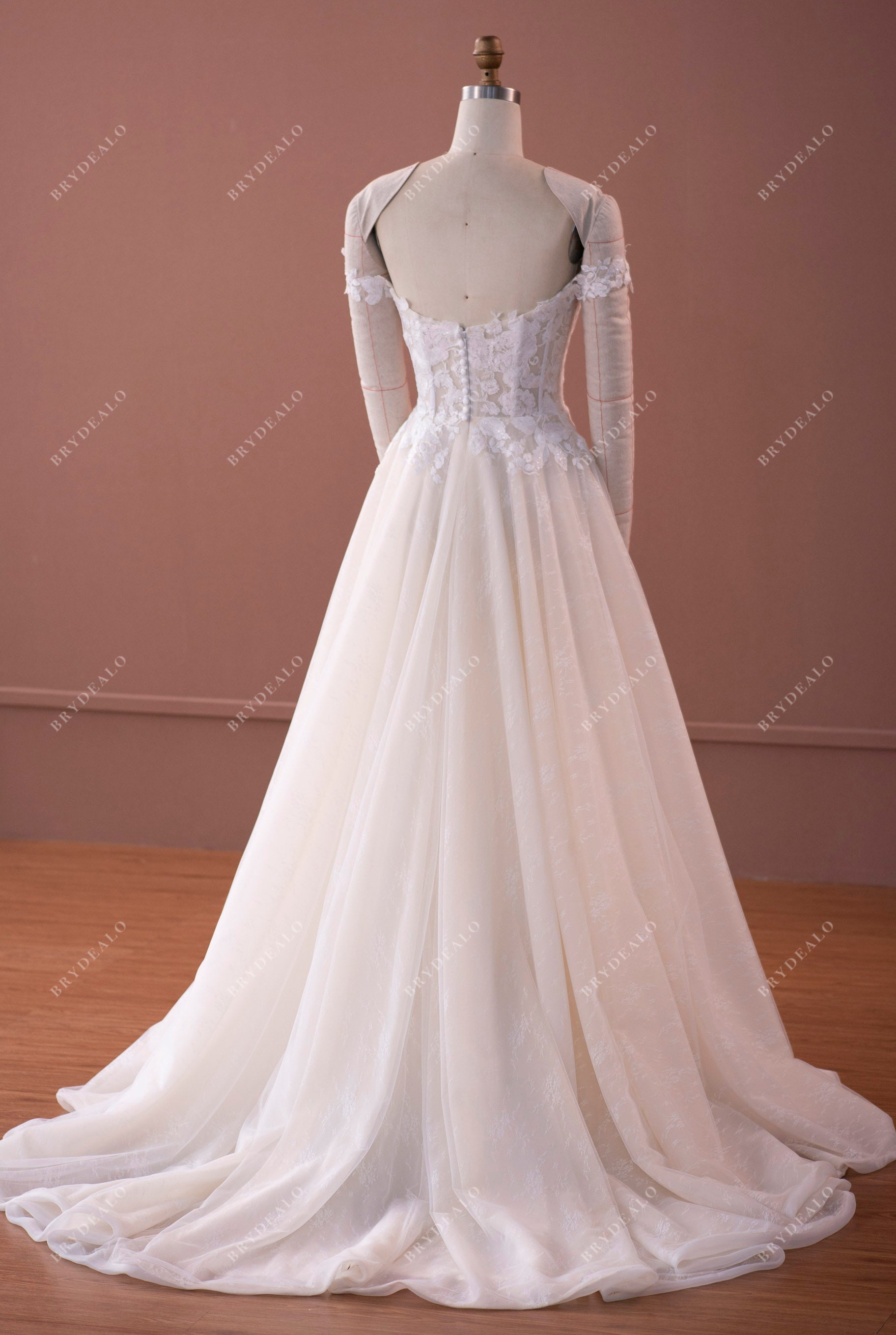 destination court train off shoulder wedding dress